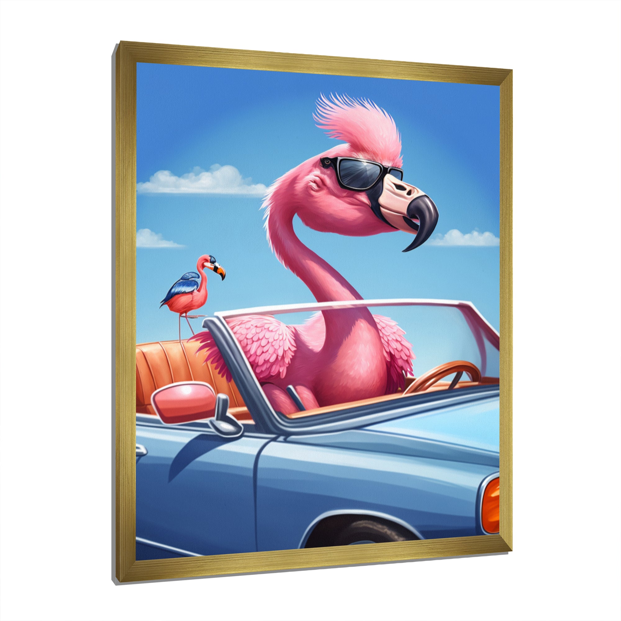 Pink Flamingo Wearing Sunglasses In Sportscar - Flamingo Canvas Wall Art