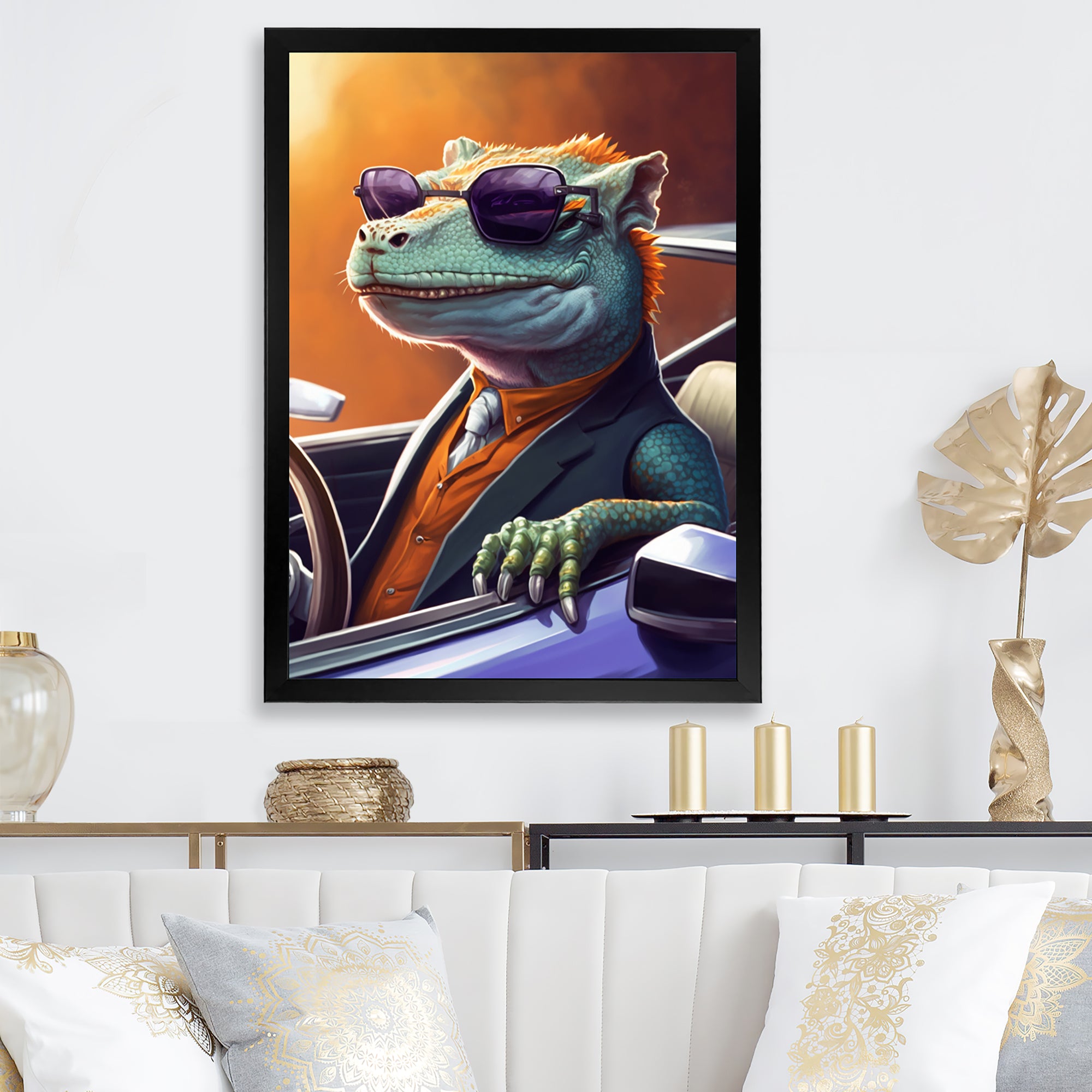 Green Lizard Wearing Sunglasses In Sportscar - Lizard Canvas Wall Art