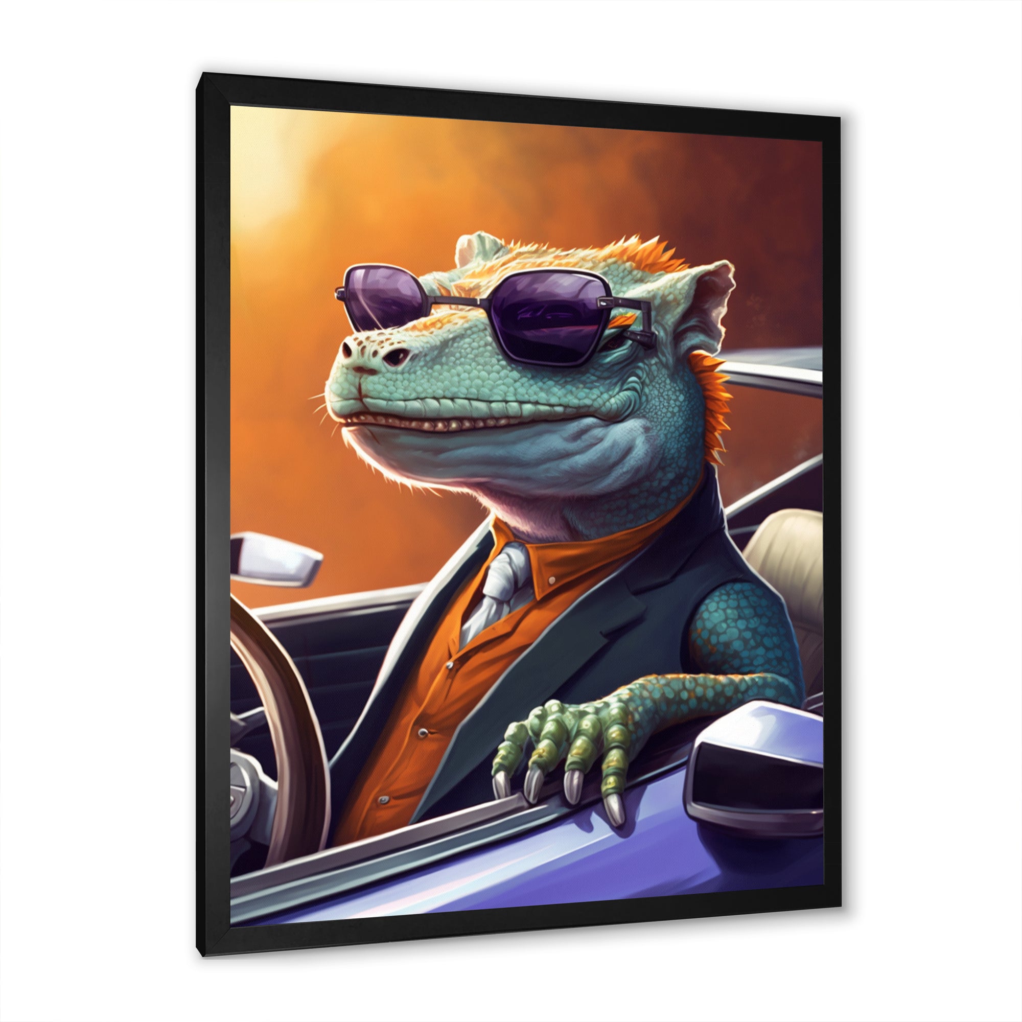 Green Lizard Wearing Sunglasses In Sportscar - Lizard Canvas Wall Art