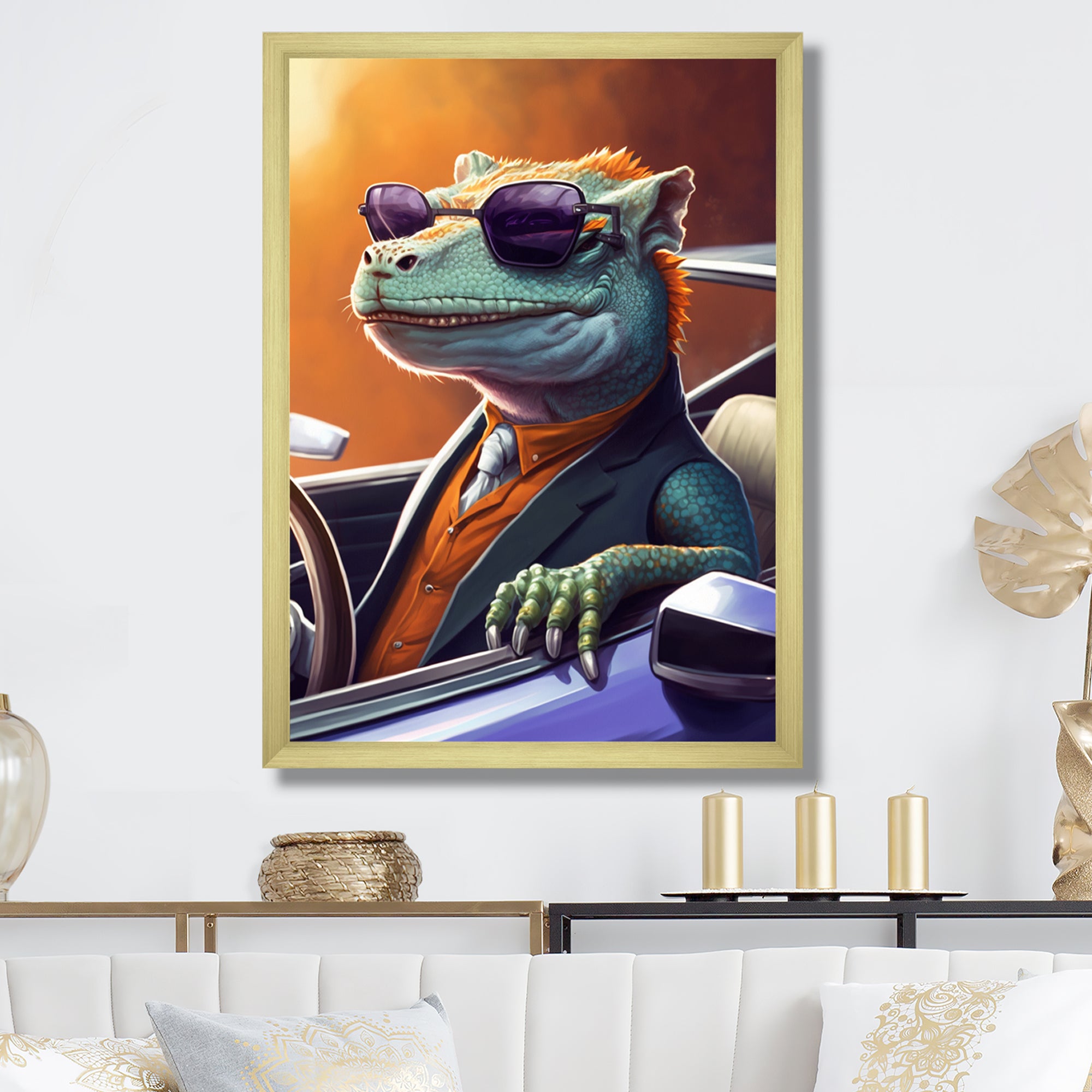 Green Lizard Wearing Sunglasses In Sportscar - Lizard Canvas Wall Art