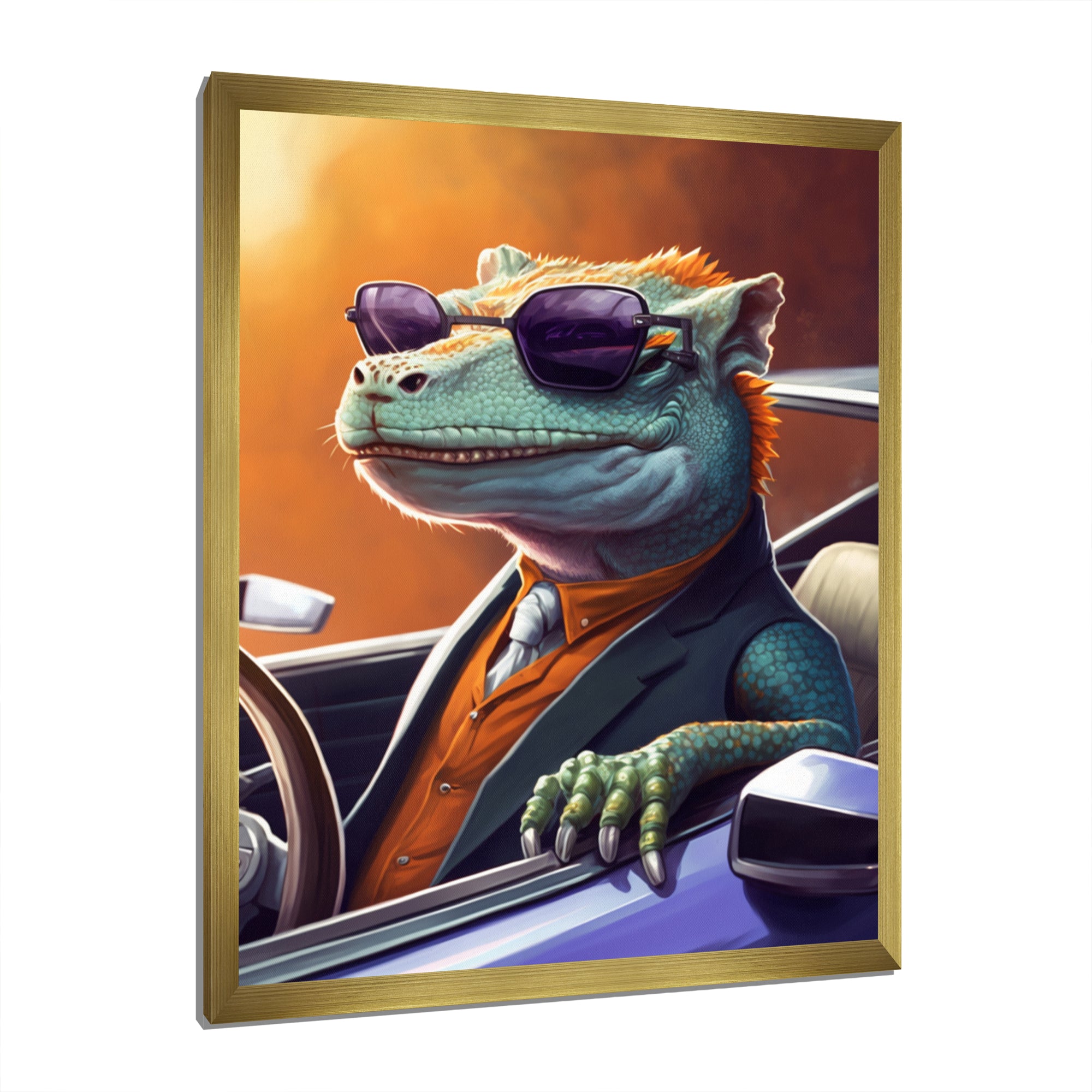 Green Lizard Wearing Sunglasses In Sportscar - Lizard Canvas Wall Art