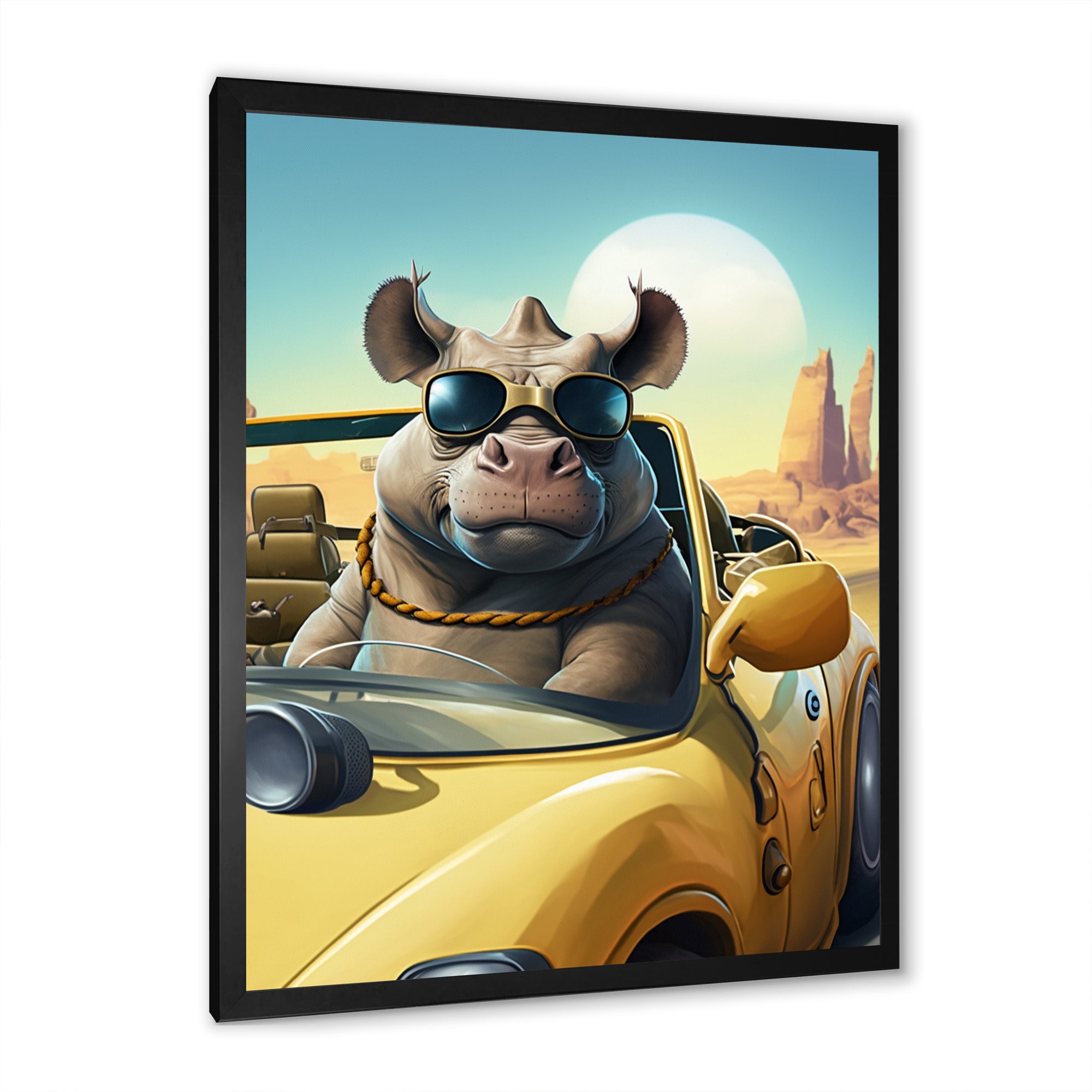 Grey Rhino Wearing Sunglasses In Sportscar - Rhino Wall Decor