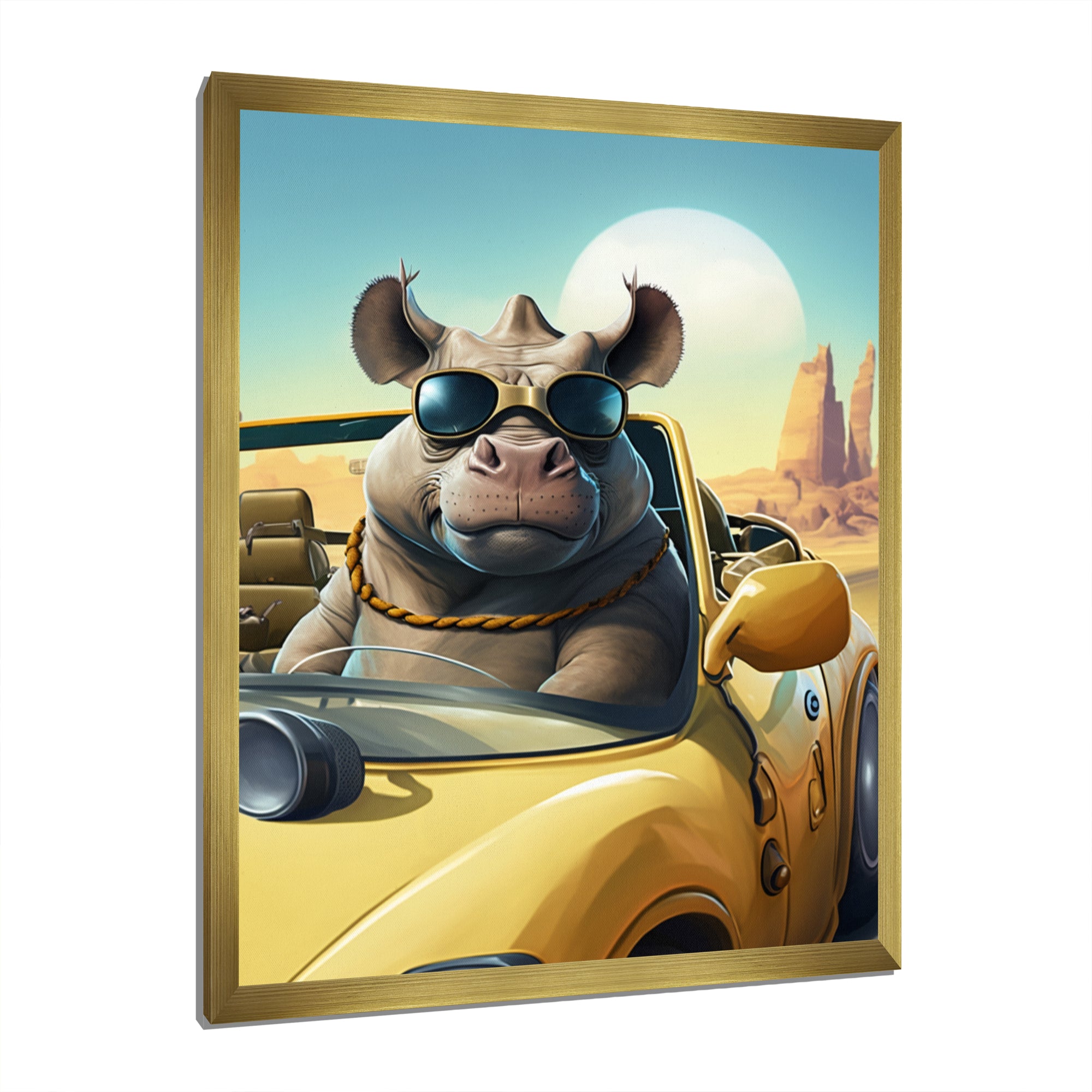 Grey Rhino Wearing Sunglasses In Sportscar - Rhino Wall Decor