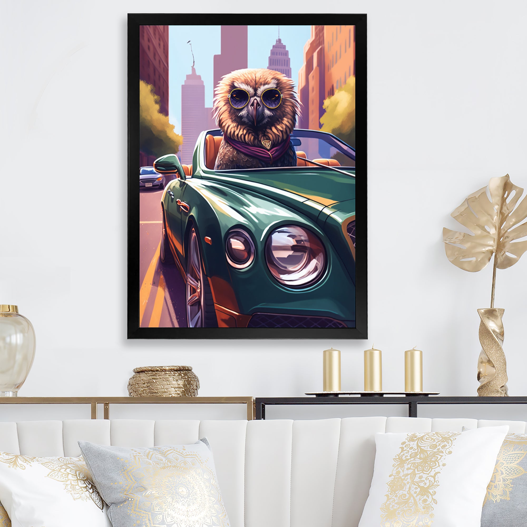 Brown Bird Wearing Sunglasses In Sportscar - Bird Fashion Wall Art Prints
