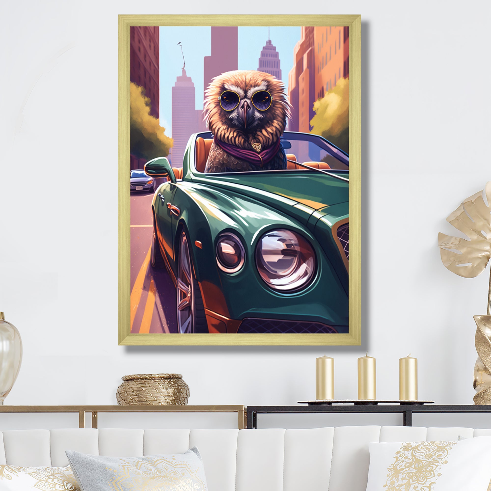 Brown Bird Wearing Sunglasses In Sportscar - Bird Fashion Wall Art Prints