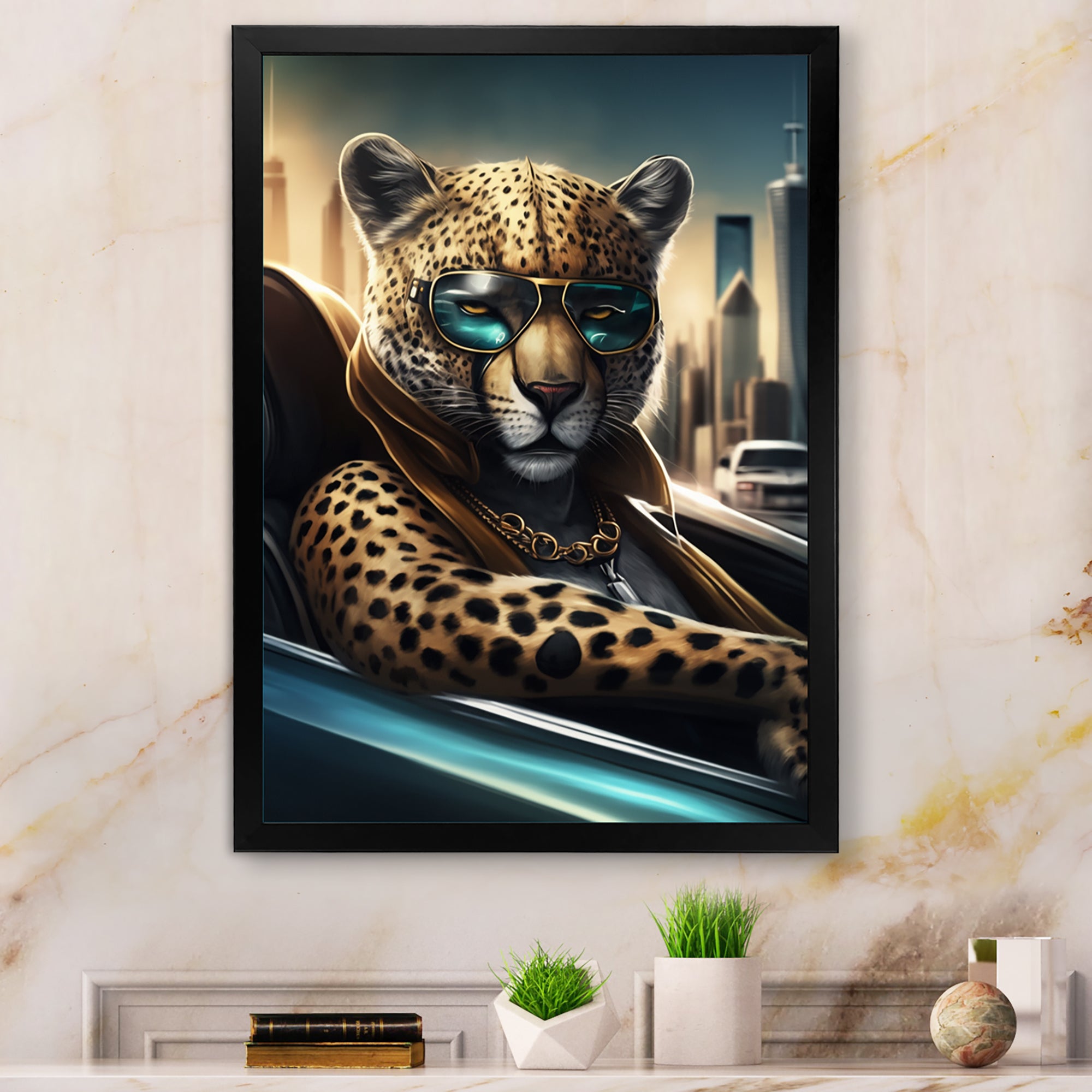 Yellow Leopard Wearing Sunglasses In Sportscar - Yellow Leopard Wall Art
