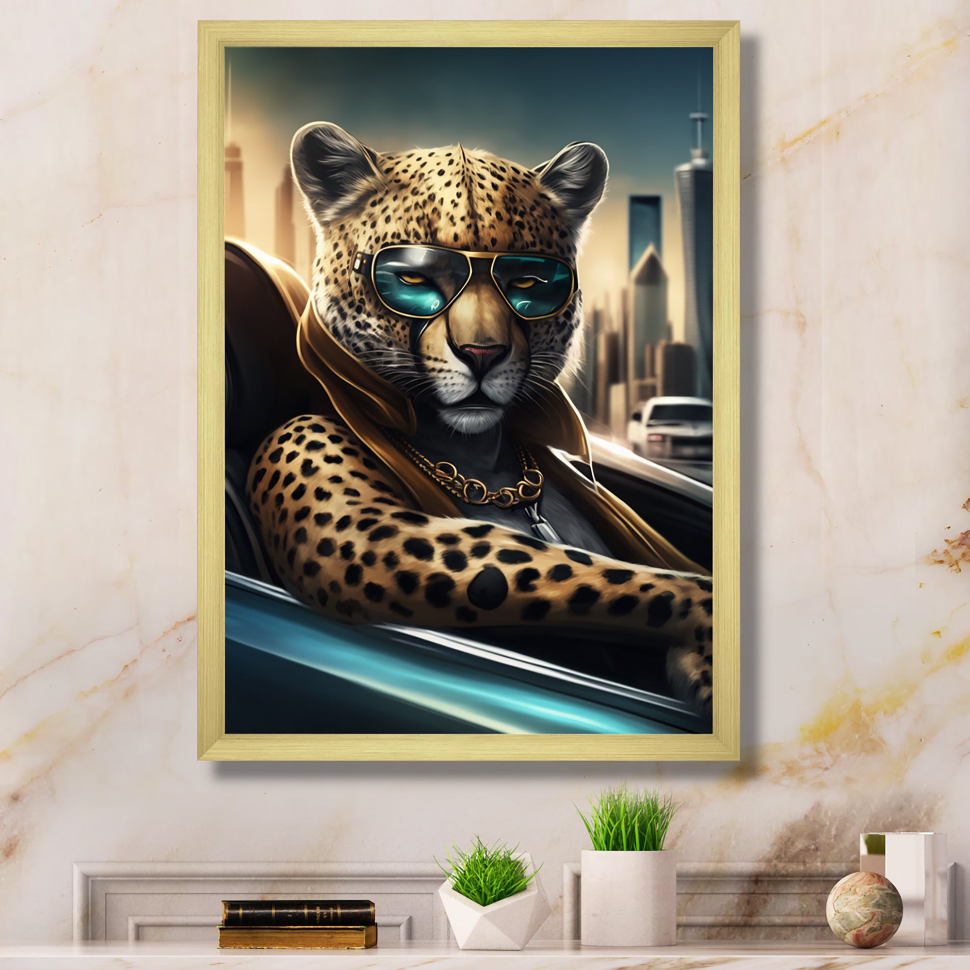 Yellow Leopard Wearing Sunglasses In Sportscar - Yellow Leopard Wall Art