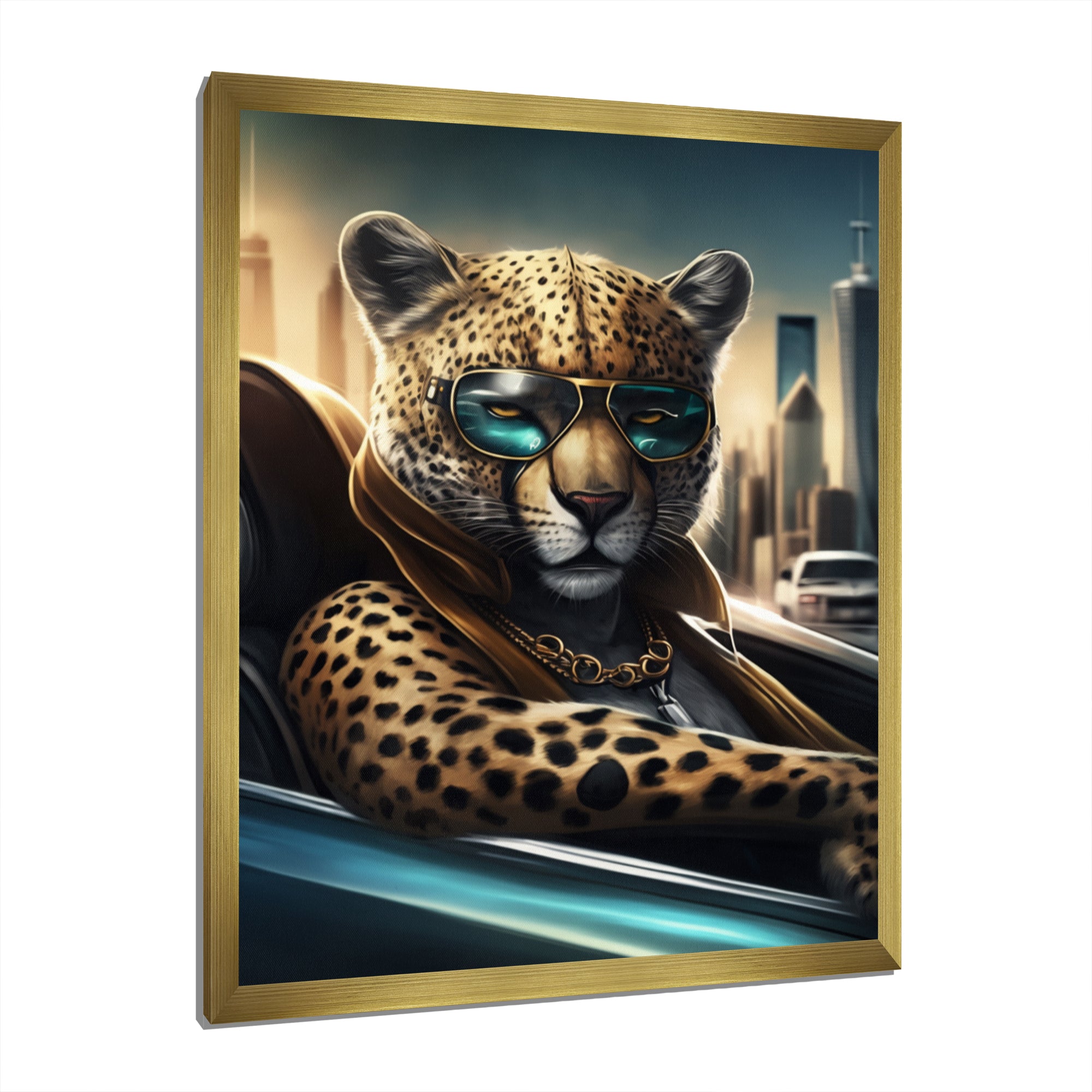 Yellow Leopard Wearing Sunglasses In Sportscar - Yellow Leopard Wall Art