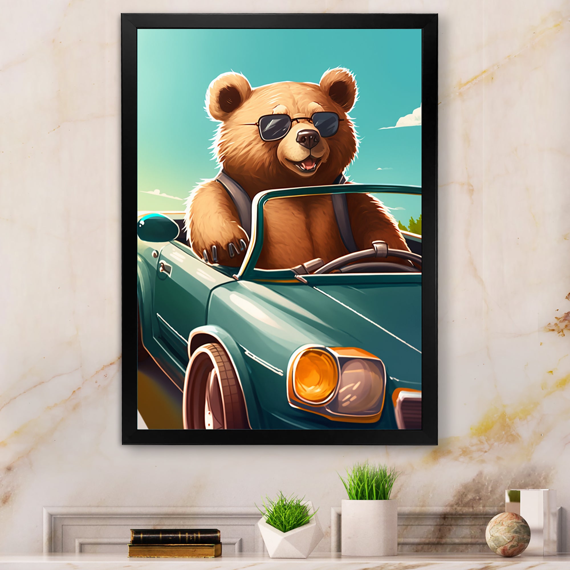 Brown Bear Wearing Sunglasses In Sportscar - Bear Fashion Framed Canvas Art