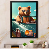 Brown Bear Wearing Sunglasses In Sportscar - Bear Fashion Framed Canvas Art
