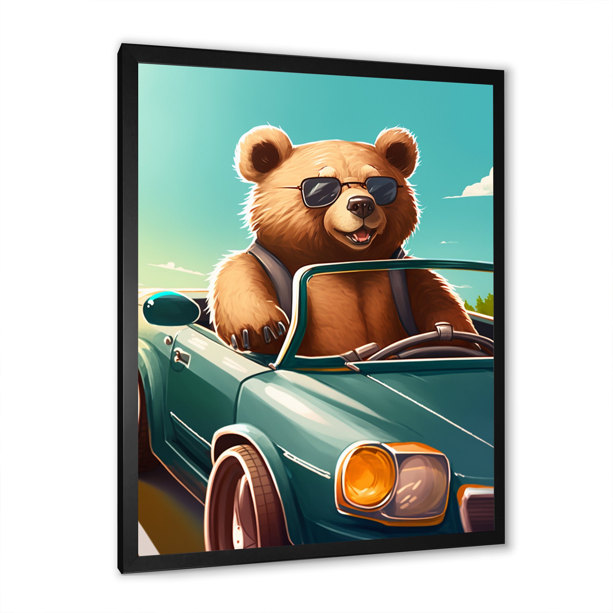 Brown Bear Wearing Sunglasses In Sportscar - Bear Fashion Framed Canvas Art