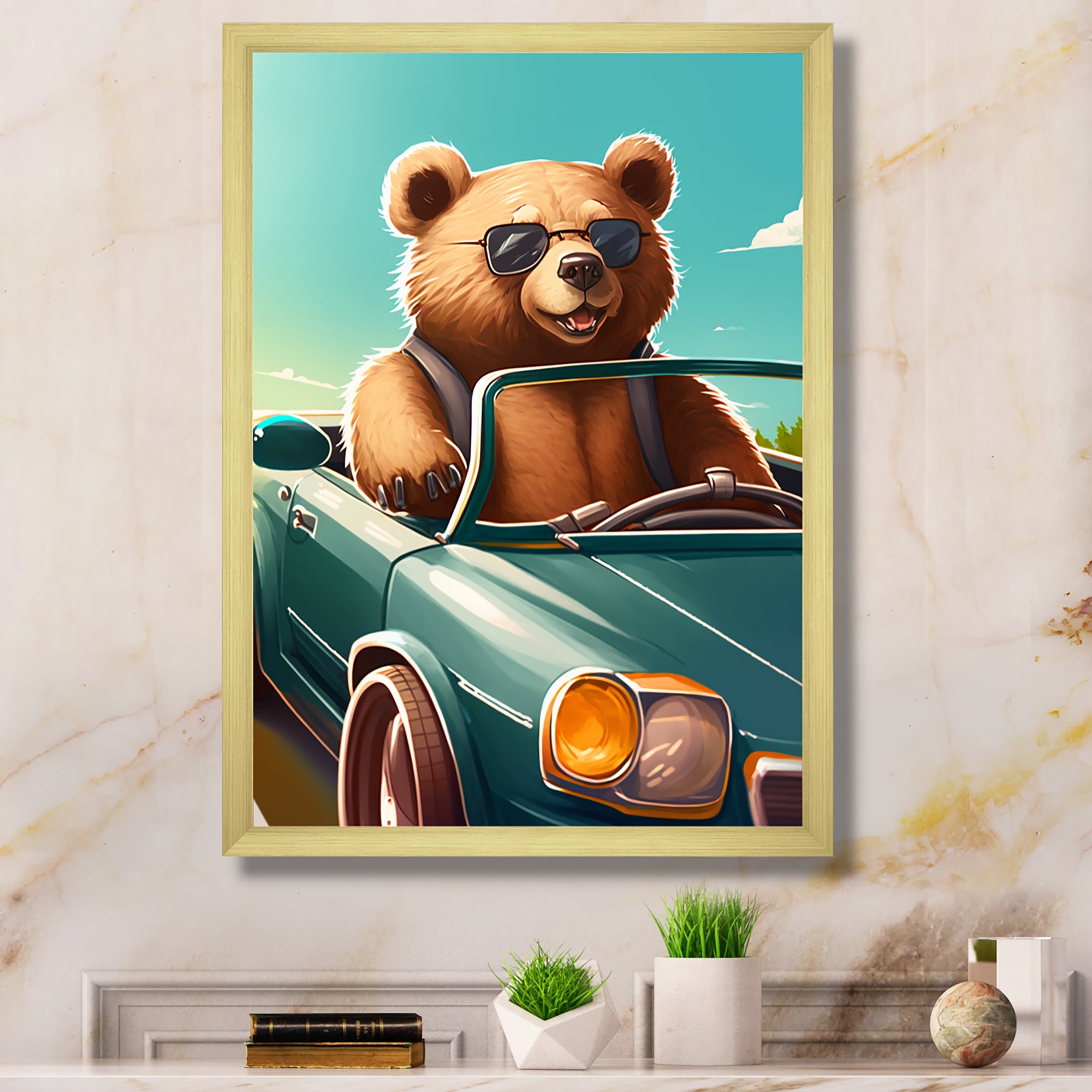 Brown Bear Wearing Sunglasses In Sportscar - Bear Fashion Framed Canvas Art