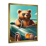Brown Bear Wearing Sunglasses In Sportscar - Bear Fashion Framed Canvas Art