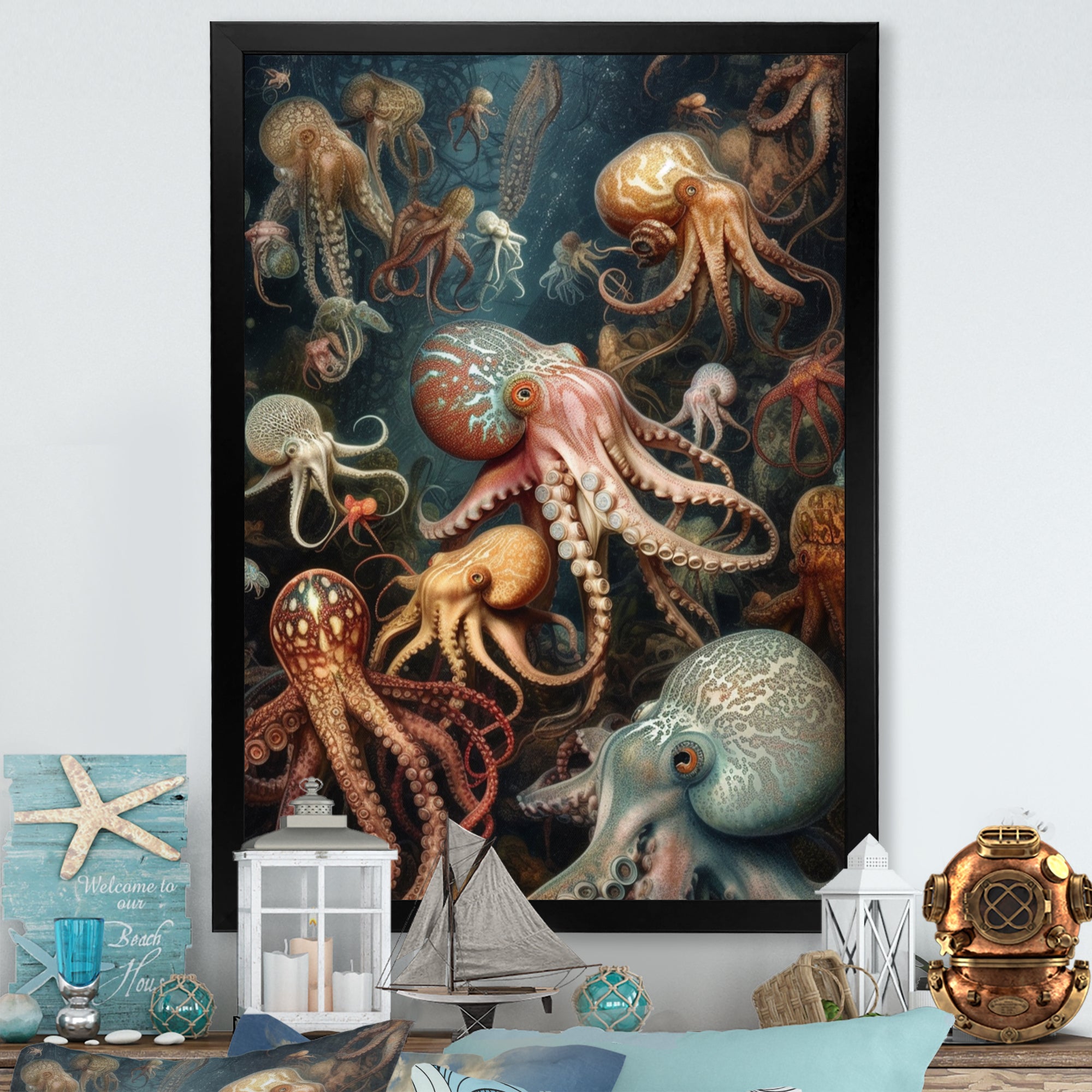 Many Squids - Octopus Large Canvas Wall Art