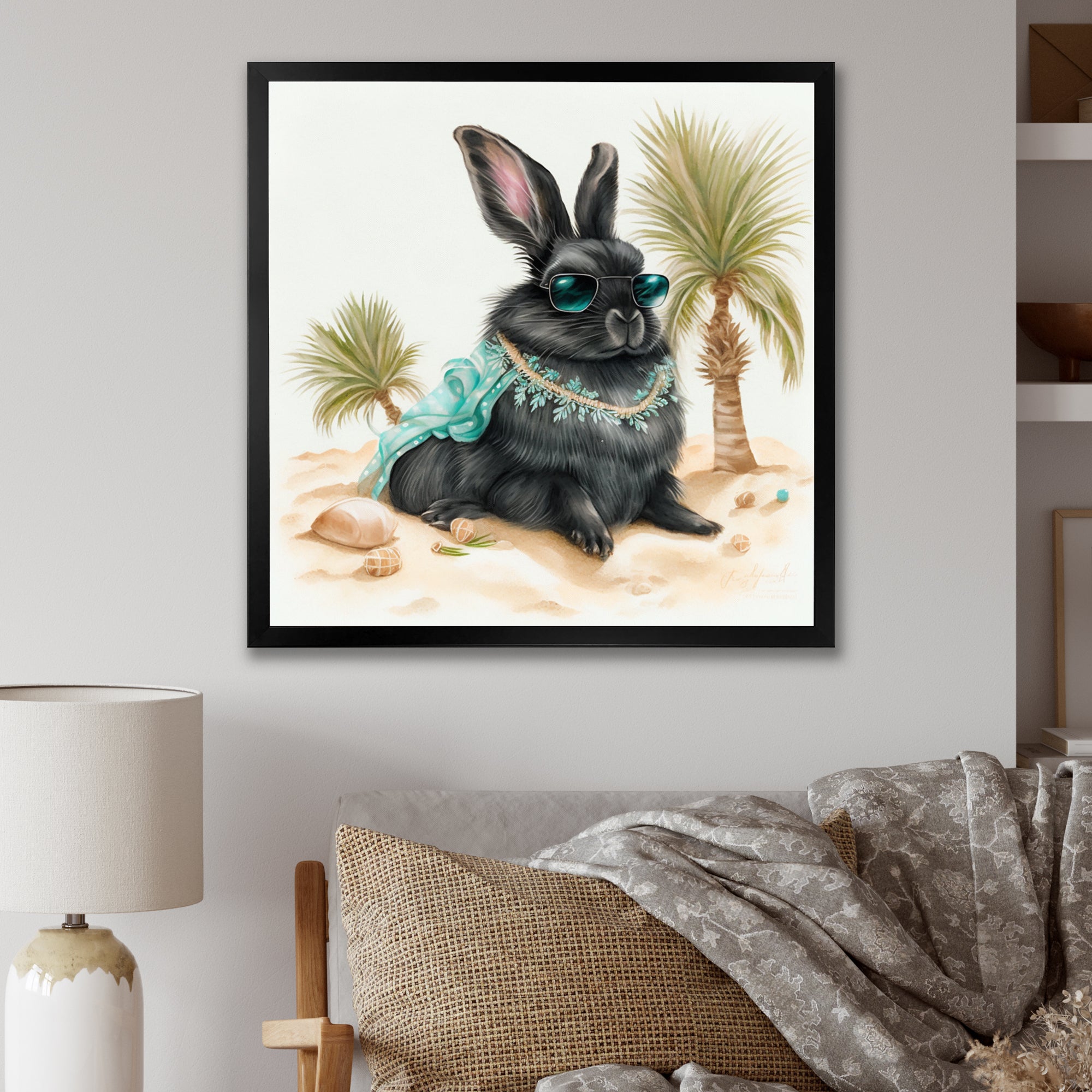 Bunny Sitting On The Beach - Rabbit Living Room Wall Art