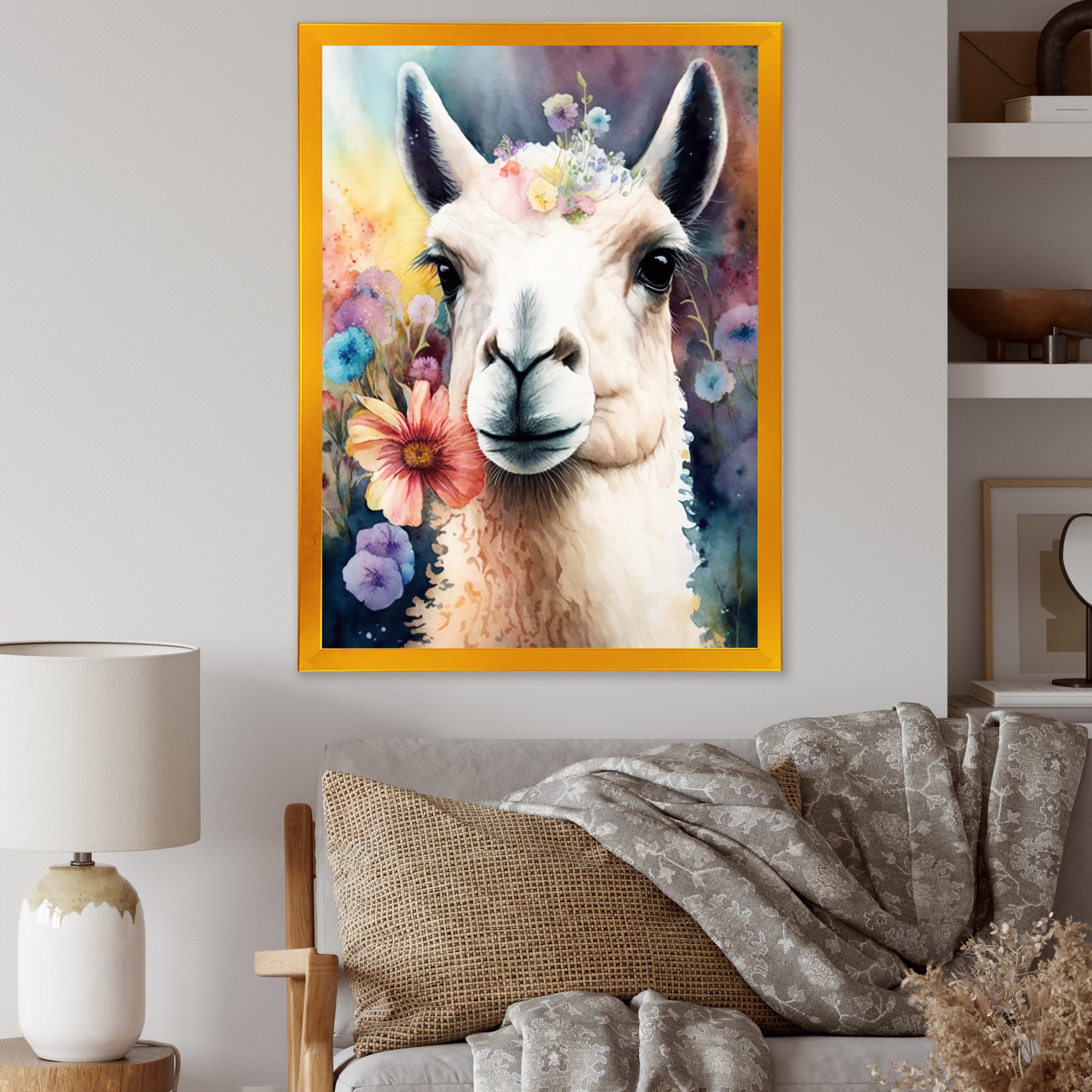 Portrait Llama Portrait With Flowers - Llama Living Room Wall Art
