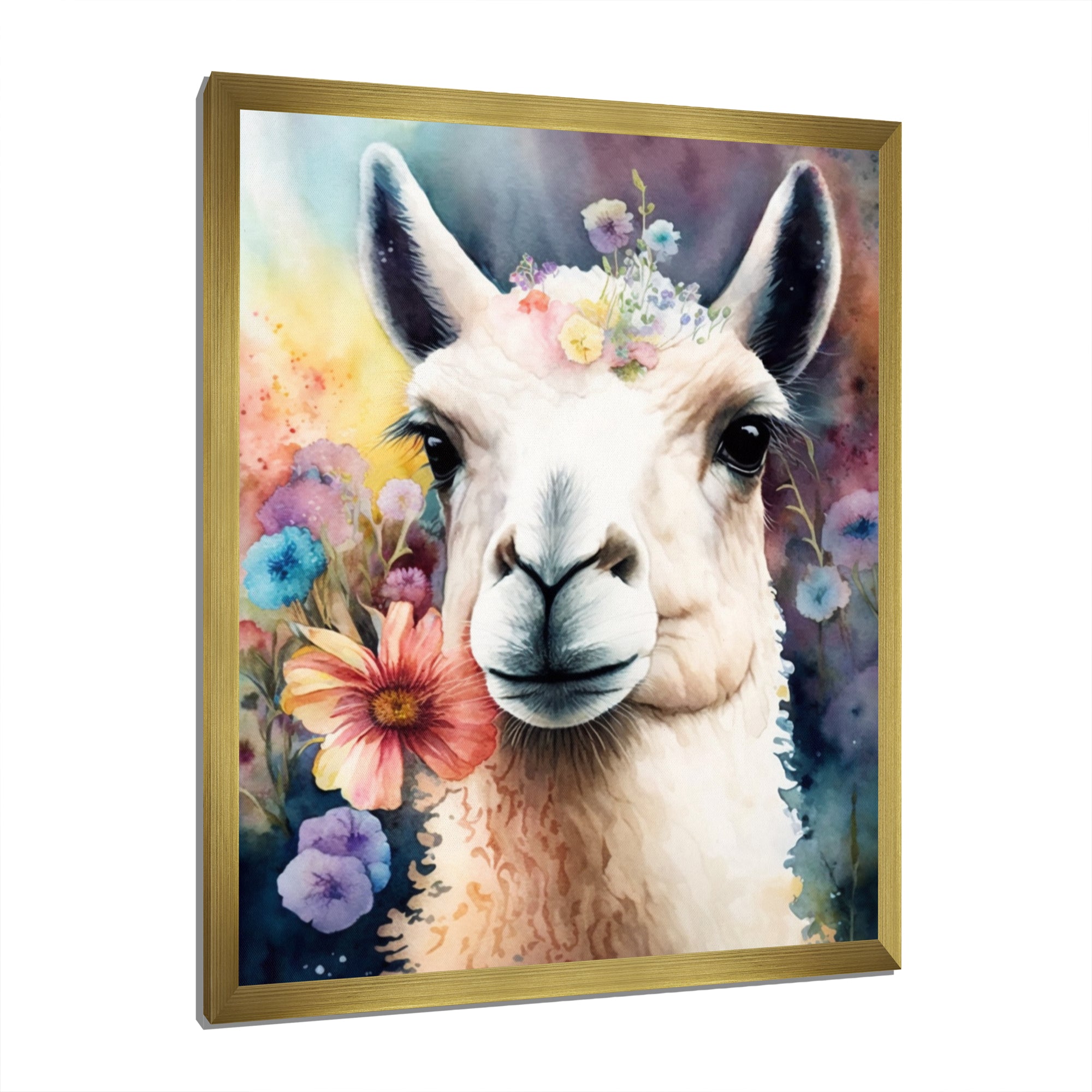 Portrait Llama Portrait With Flowers - Llama Living Room Wall Art