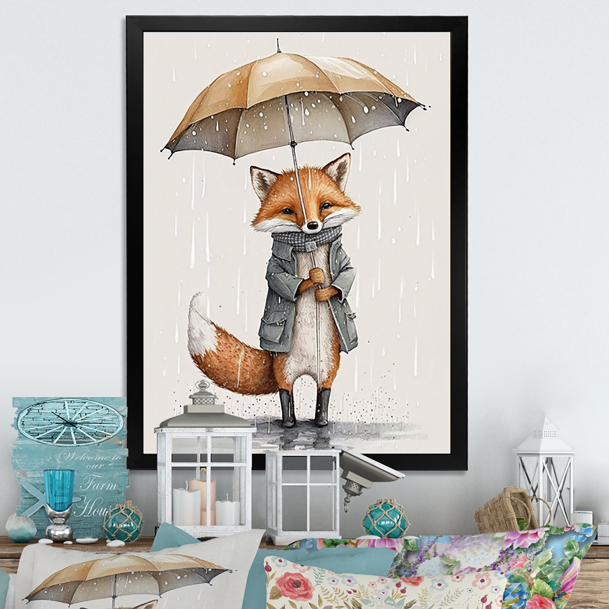 Cute Fox With Umbrella Rainy Day - Fox Wall Decor