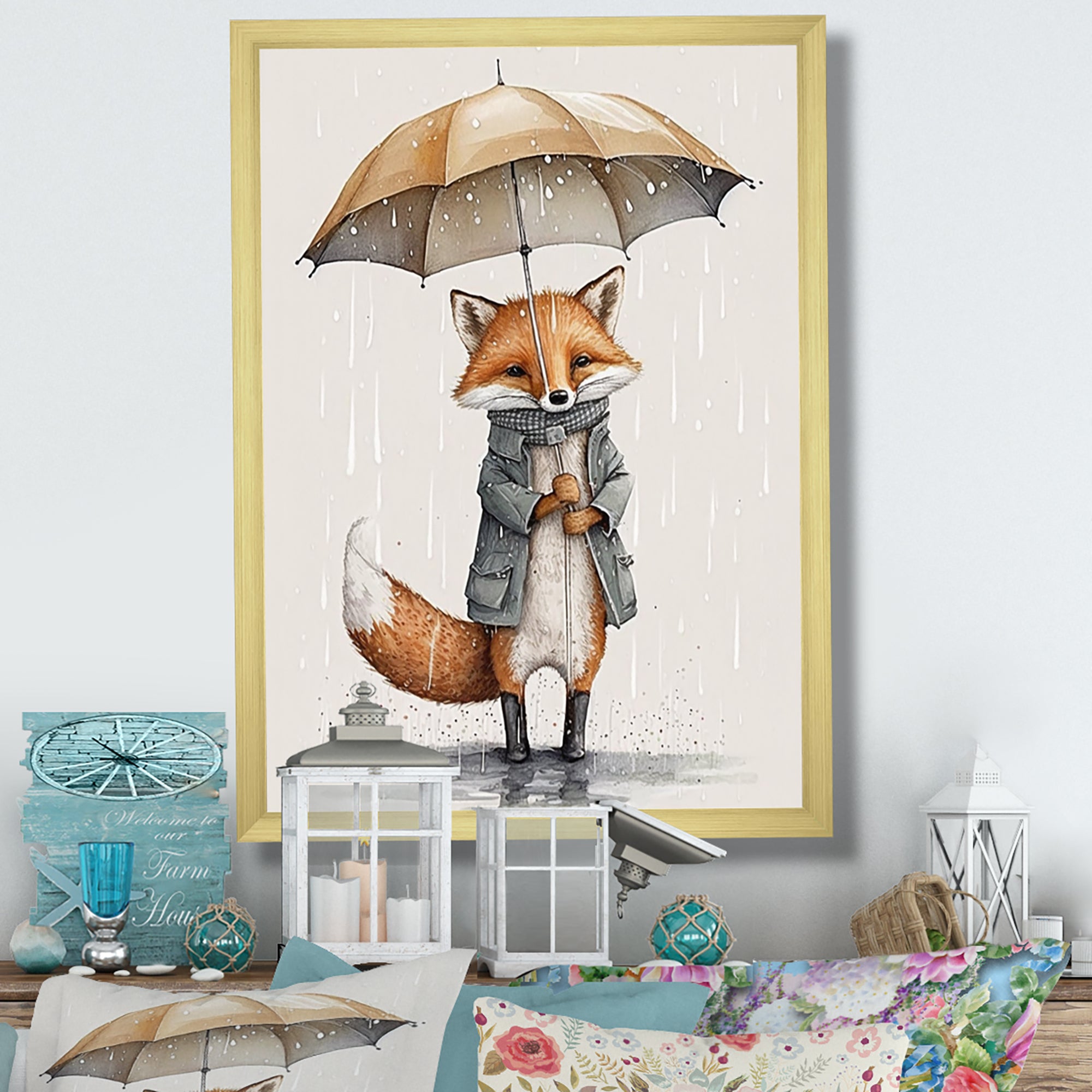 Cute Fox With Umbrella Rainy Day - Fox Wall Decor