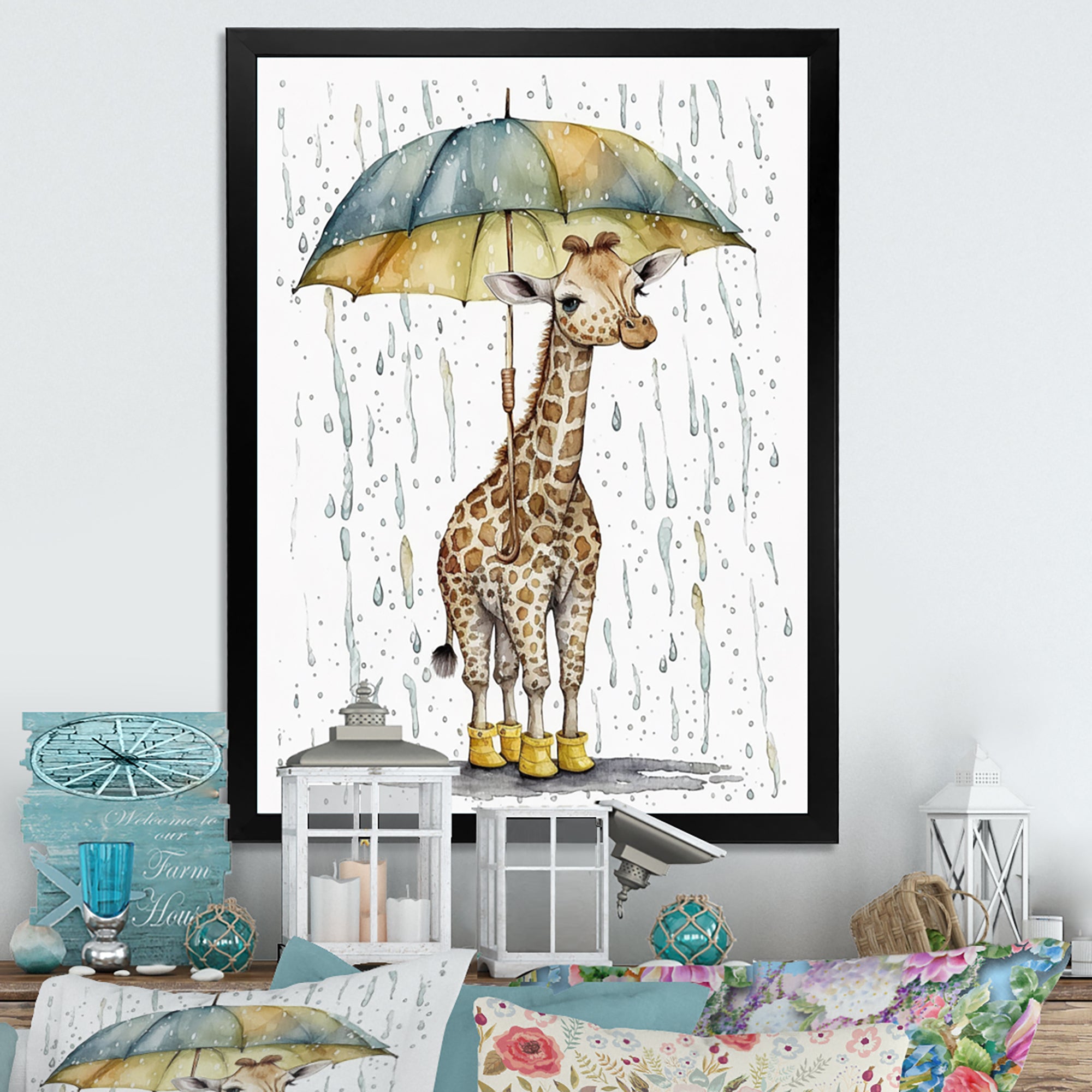 Cute Giraffe With Umbrella Rainy Day - Giraffe Wall Art Prints