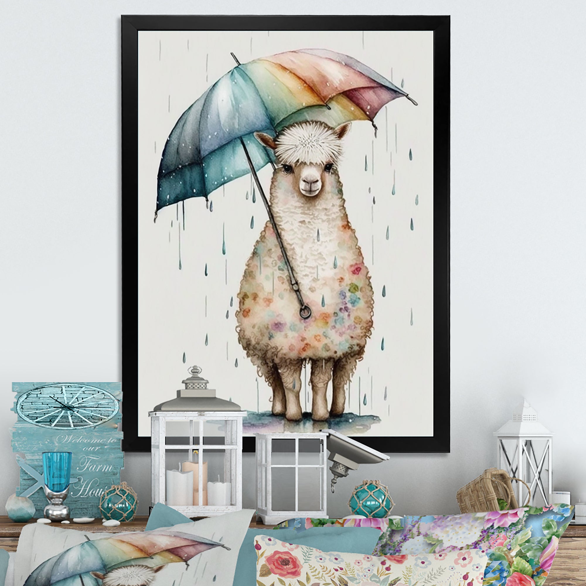 Cute Llama With Umbrella Rainy Day - Llama Wall Art Prints