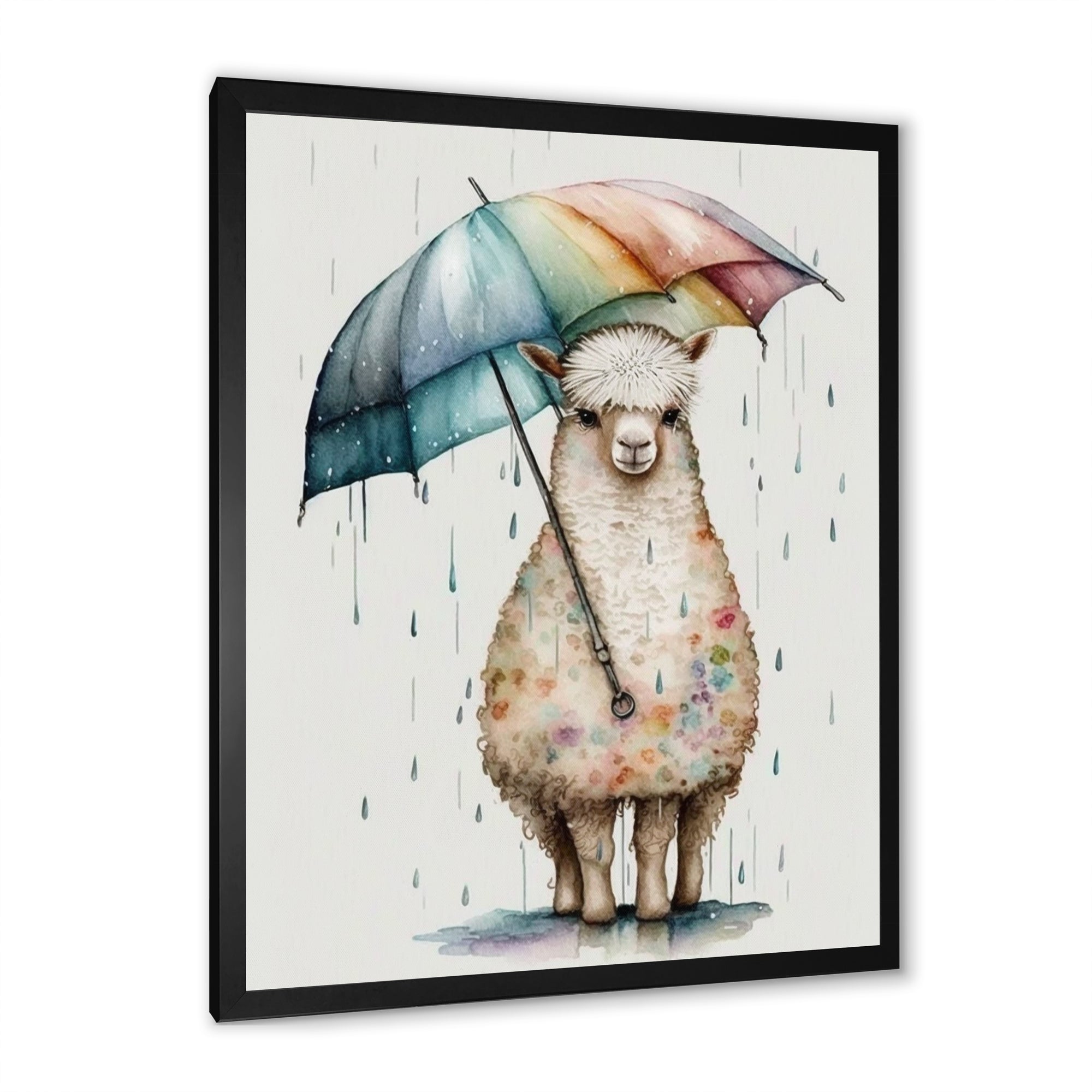 Cute Llama With Umbrella Rainy Day - Llama Wall Art Prints