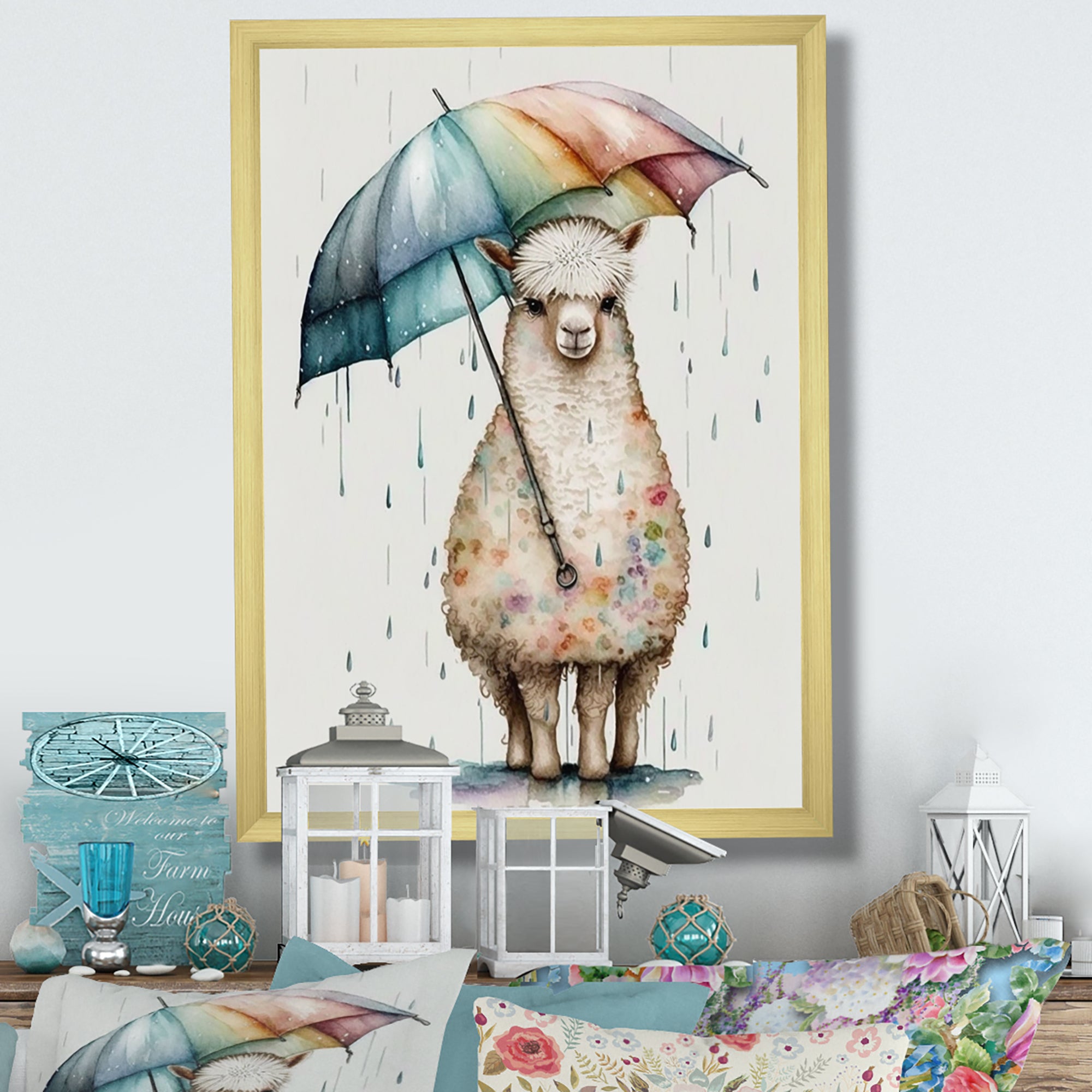 Cute Llama With Umbrella Rainy Day - Llama Wall Art Prints
