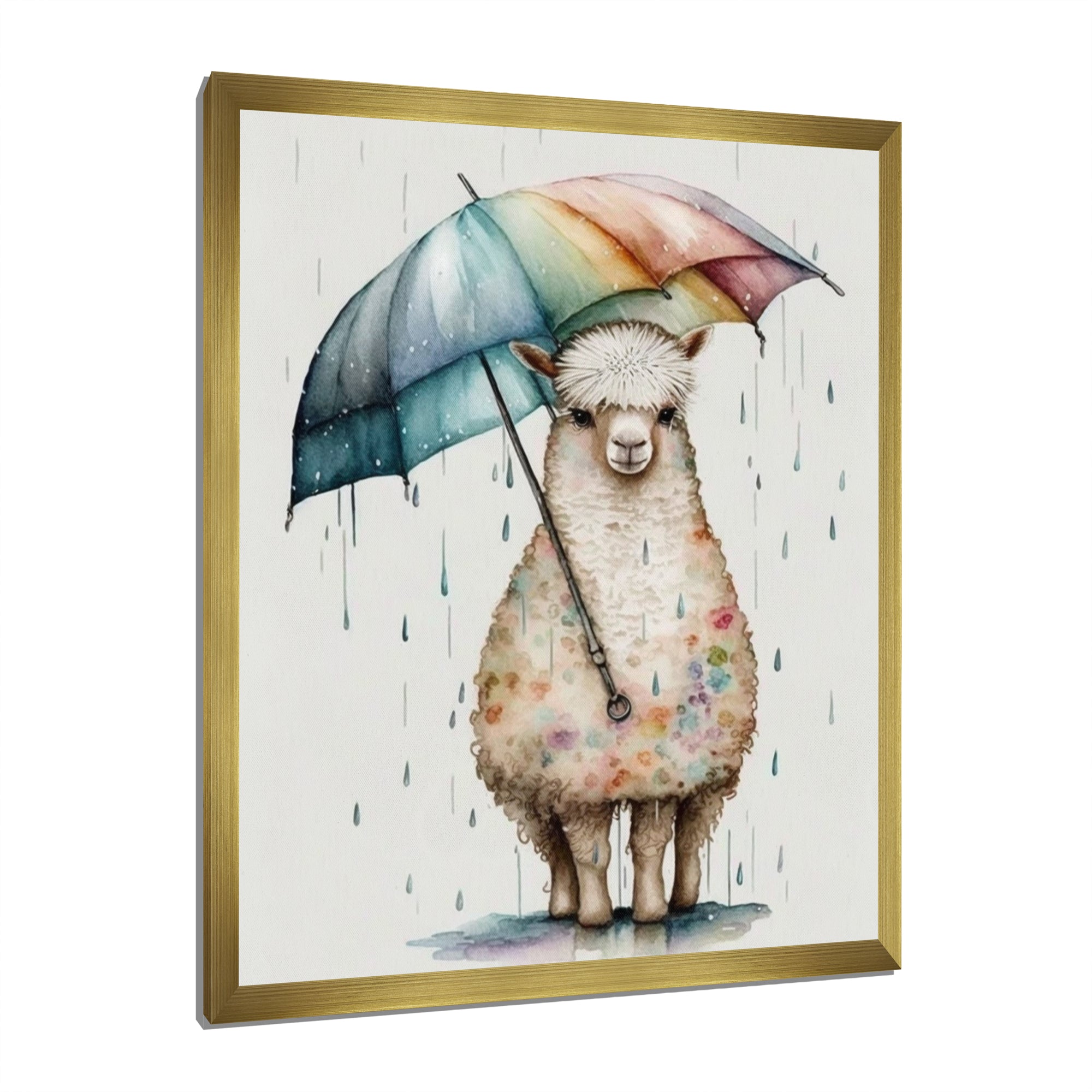 Cute Llama With Umbrella Rainy Day - Llama Wall Art Prints