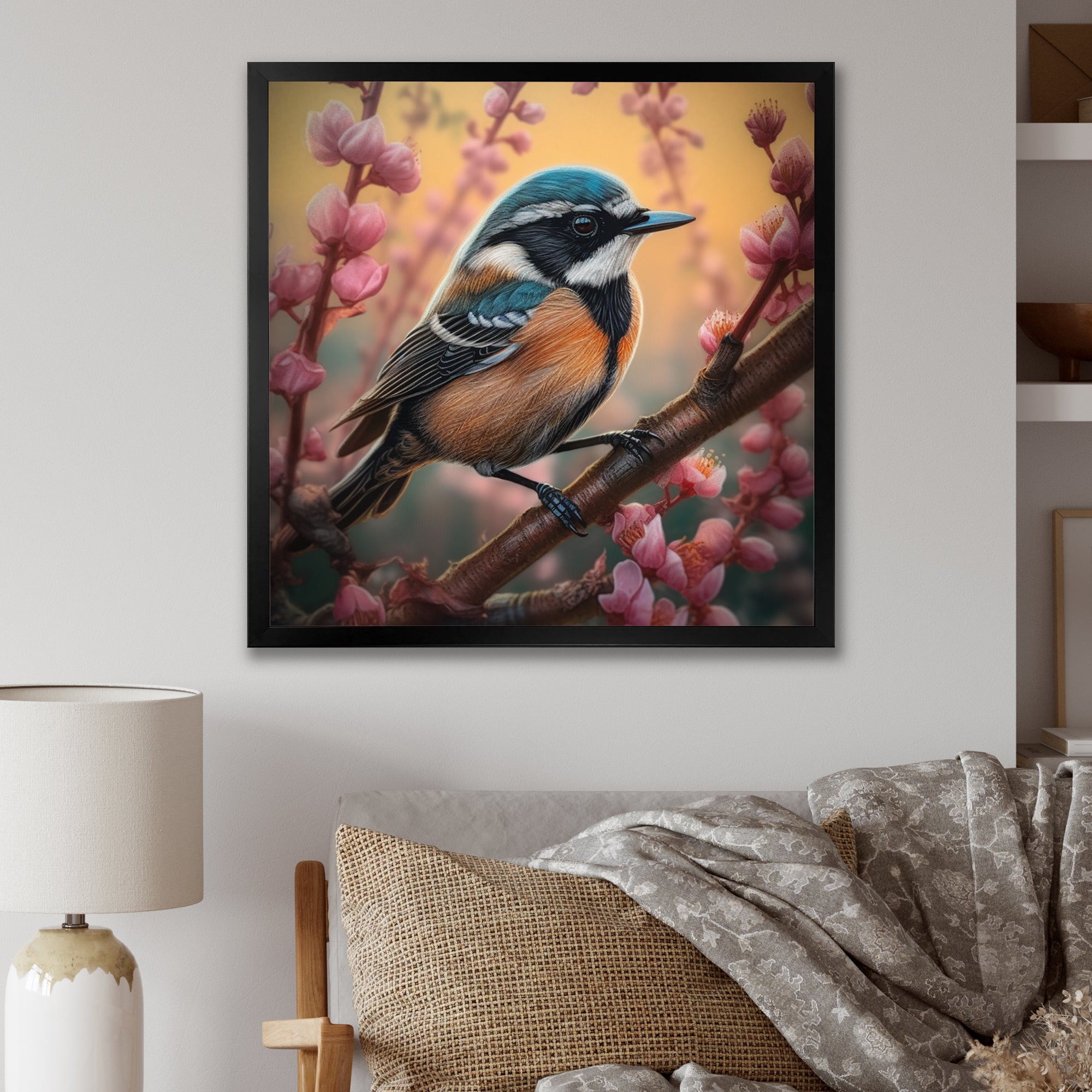 Blue Bird On A Branch - Bird Floral Framed Canvas Art