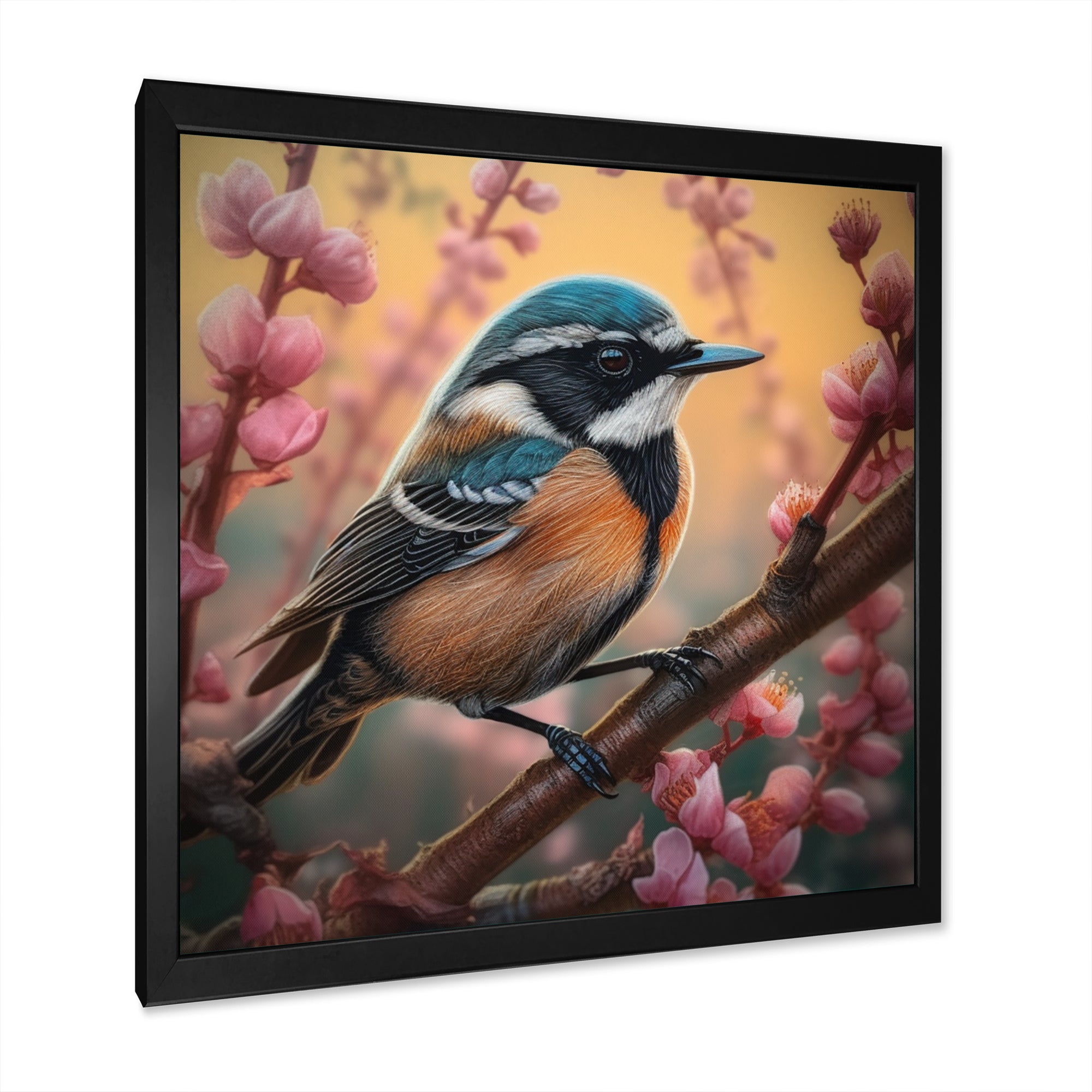 Blue Bird On A Branch - Bird Floral Framed Canvas Art