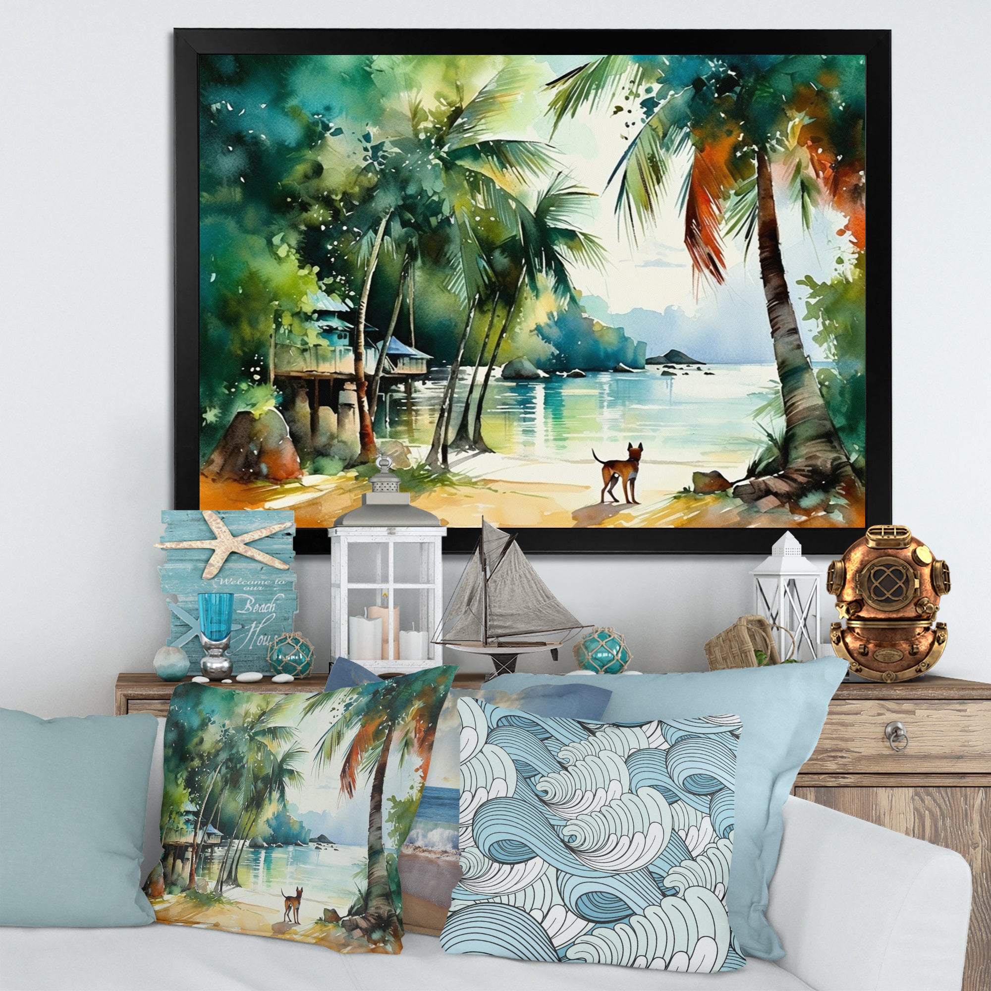 Dog On The Beach - Dog Framed Canvas Art
