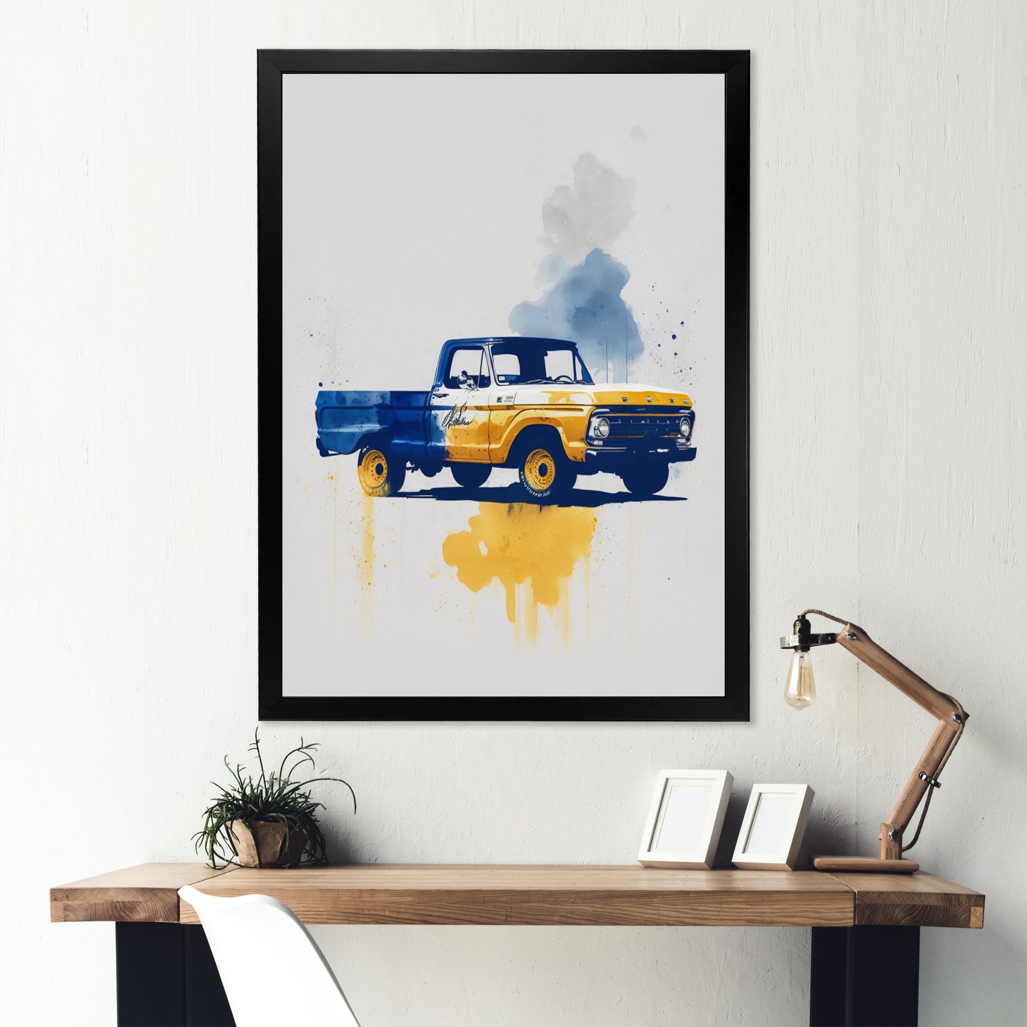 Blue And Yellow Retro Car Treasures - Pickup Truck Canvas Wall Art