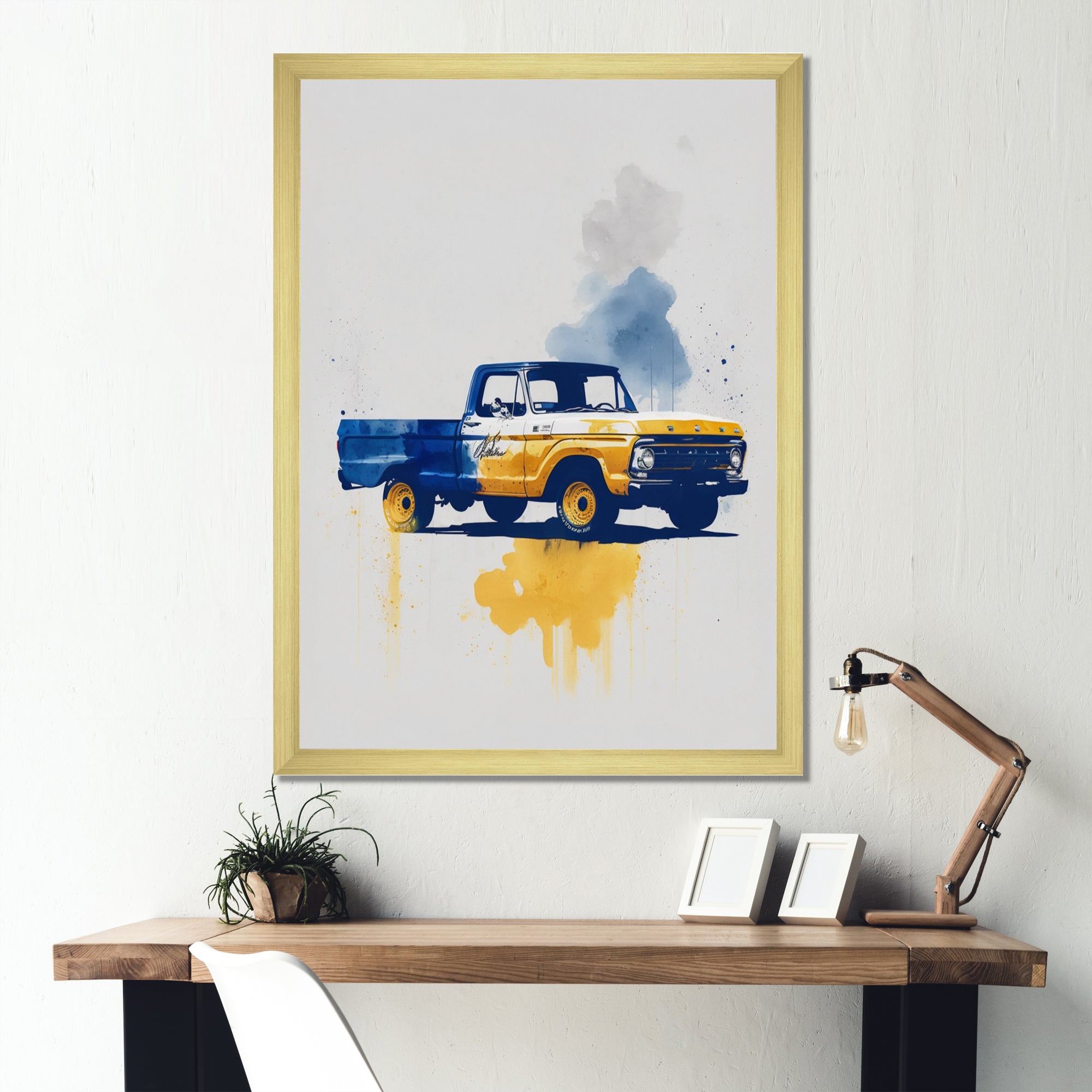 Blue And Yellow Retro Car Treasures - Pickup Truck Canvas Wall Art
