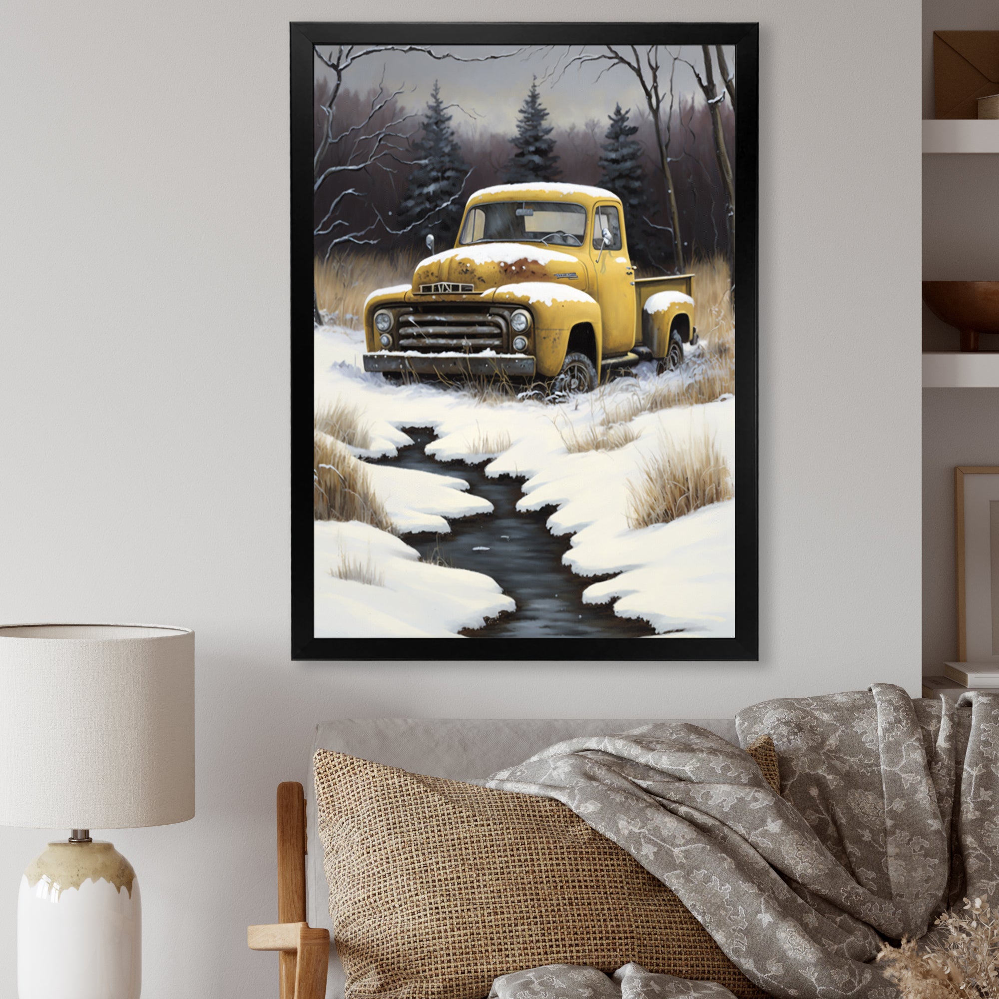 Yellow And Grey pickup truck in winter - Pickup Truck Canvas Wall Art