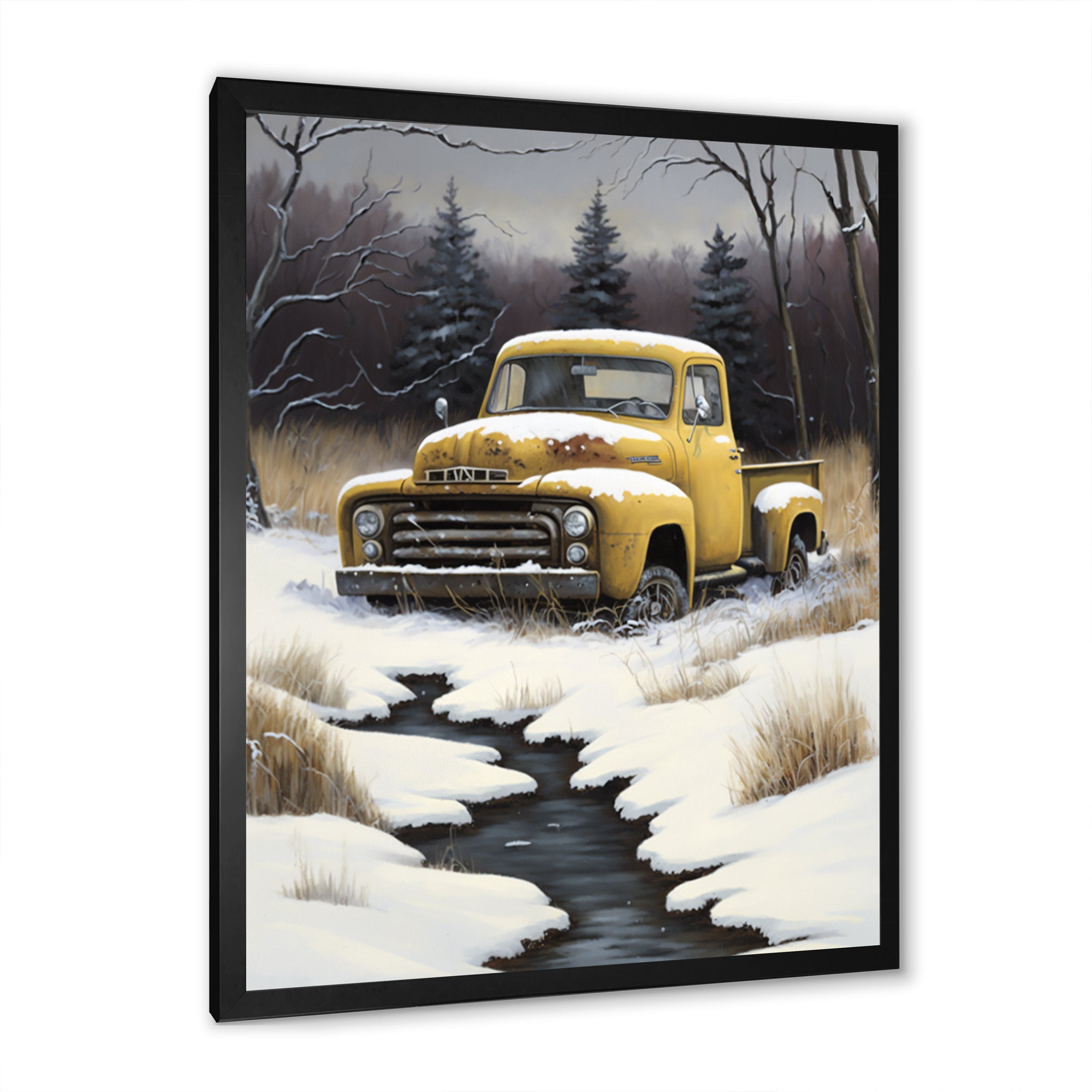 Yellow And Grey pickup truck in winter - Pickup Truck Canvas Wall Art