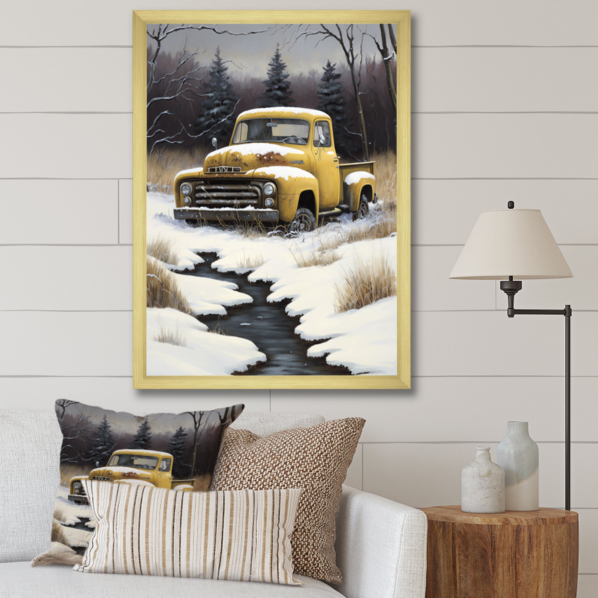 Yellow And Grey pickup truck in winter - Pickup Truck Canvas Wall Art