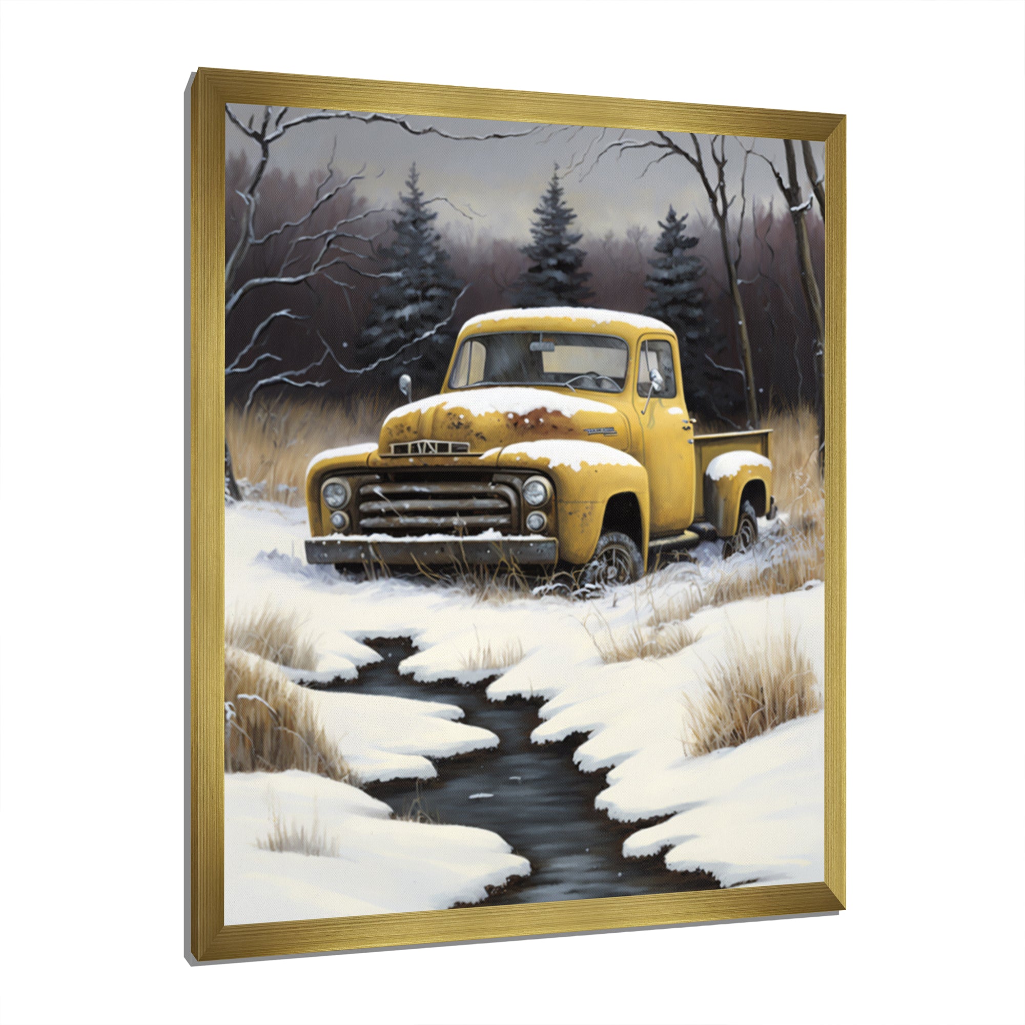 Yellow And Grey pickup truck in winter - Pickup Truck Canvas Wall Art