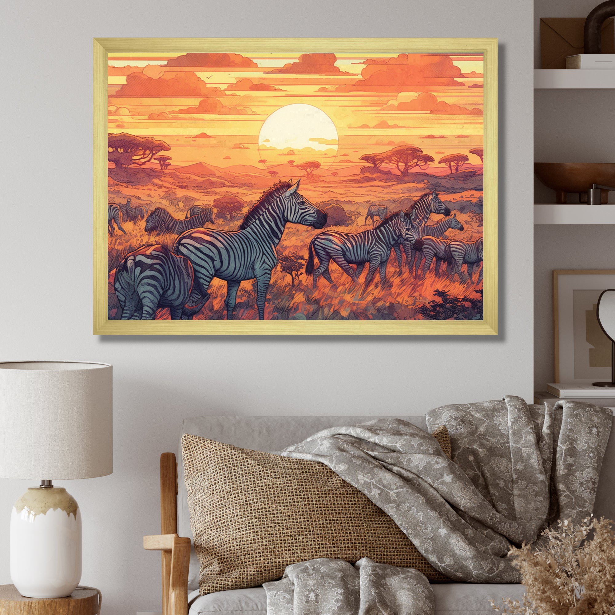 Orange African Safari With Zebras - Zebra Living Room Wall Art