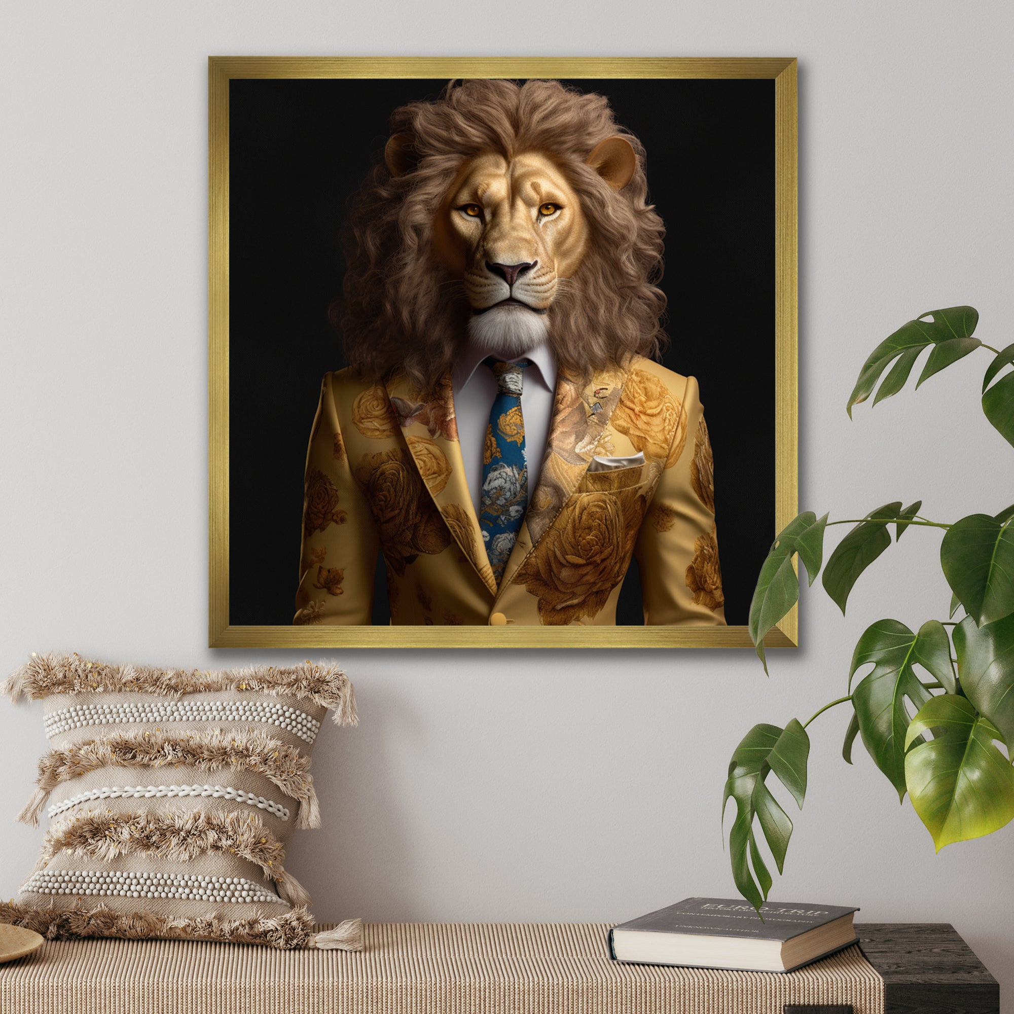 Yellow Lion In Suit - Lion Fashion Canvas Wall Art
