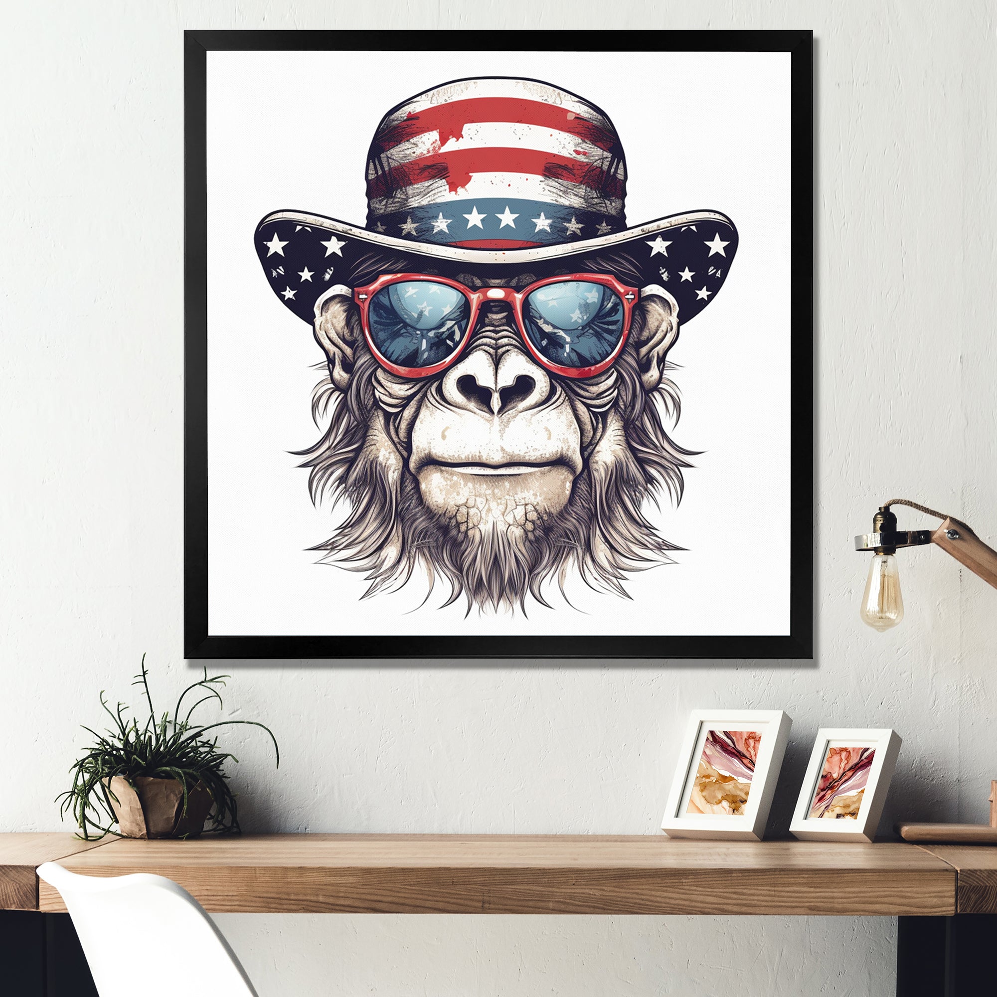 Red Blue Monkey With Sunglasses And Hat - Monkey Fashion Home Decor Art