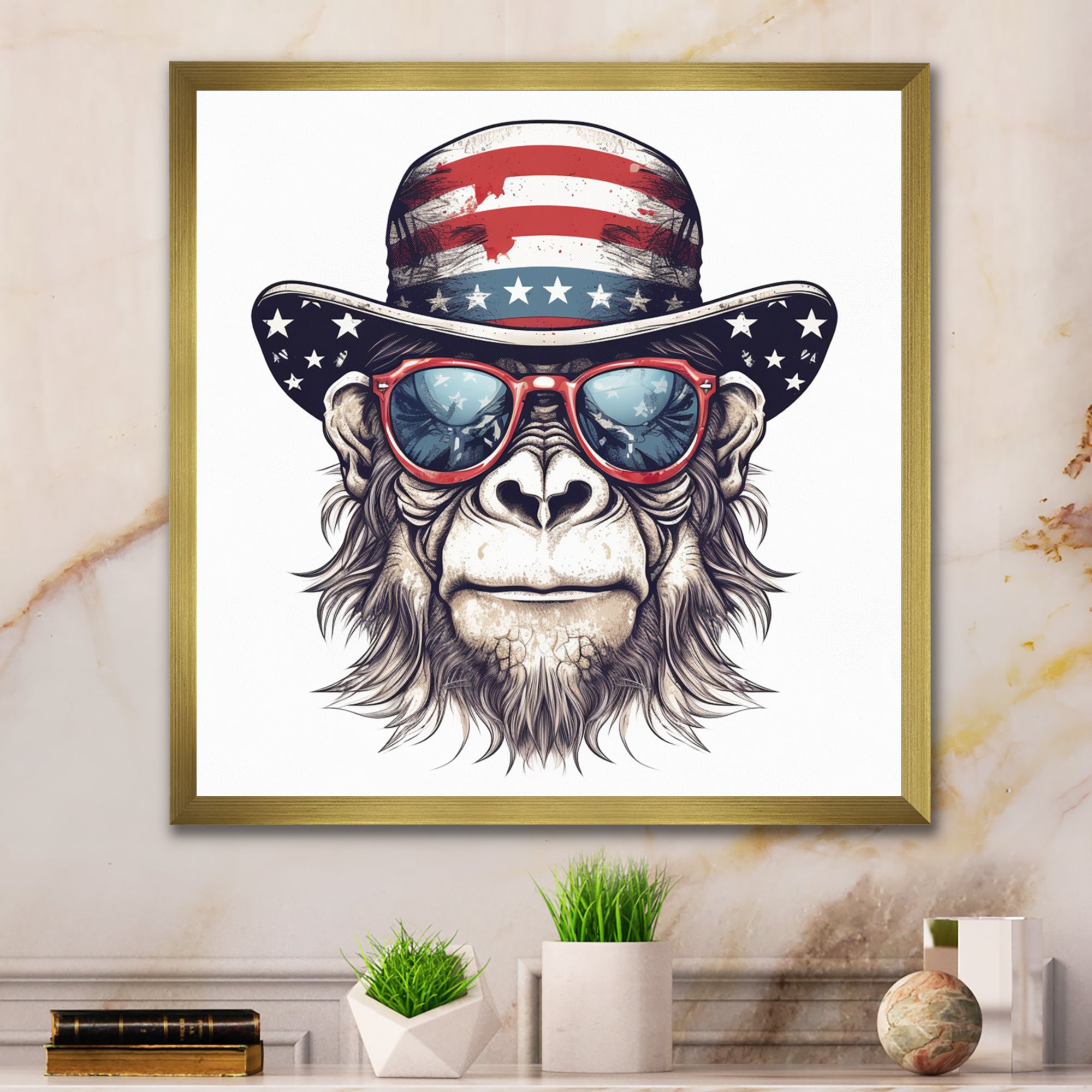Red Blue Monkey With Sunglasses And Hat - Monkey Fashion Home Decor Art