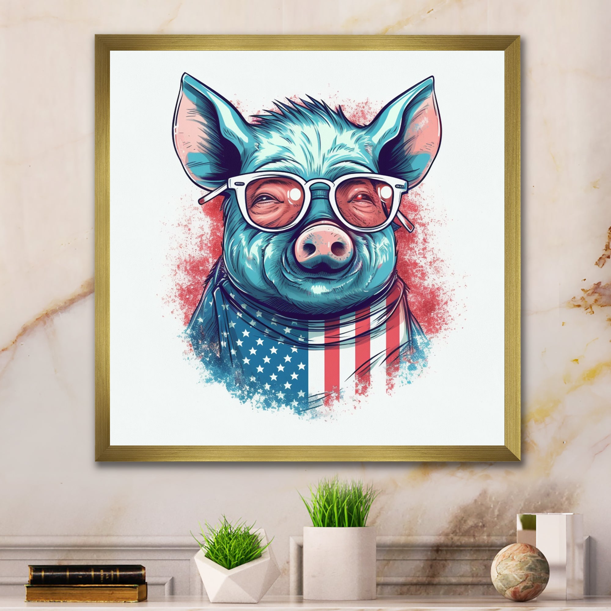 Blue Red Pig With Sunglasses - Pig Living Room Wall Art