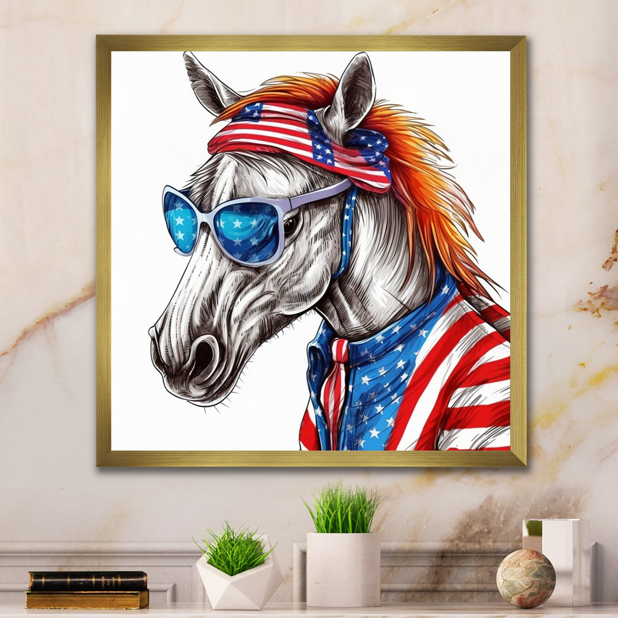Red Blue Horse With Sunglasses And Shirt - Horse Bedroom Wall Art