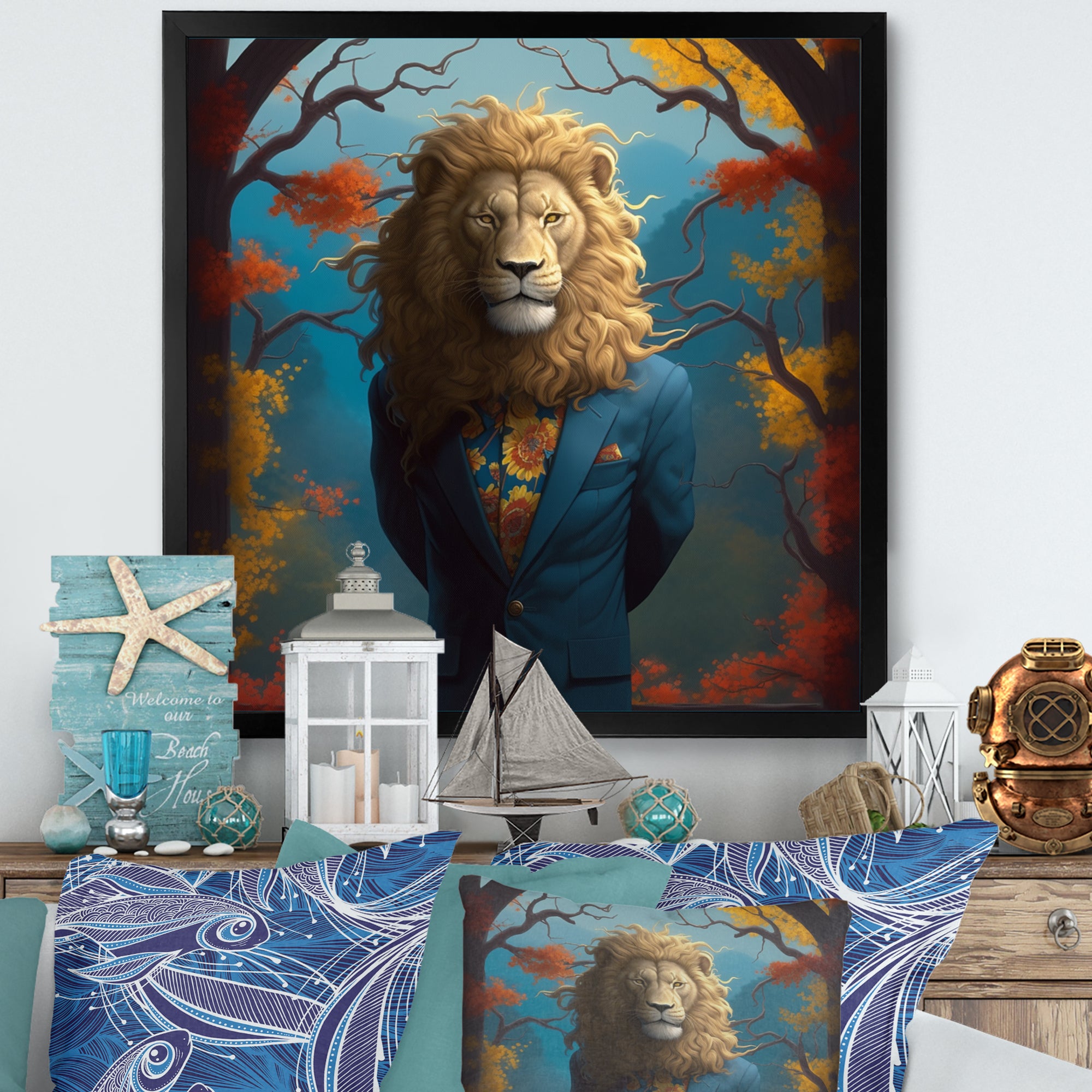 Yellow Blue Lion In Suit - Yellow Lion Wall Art