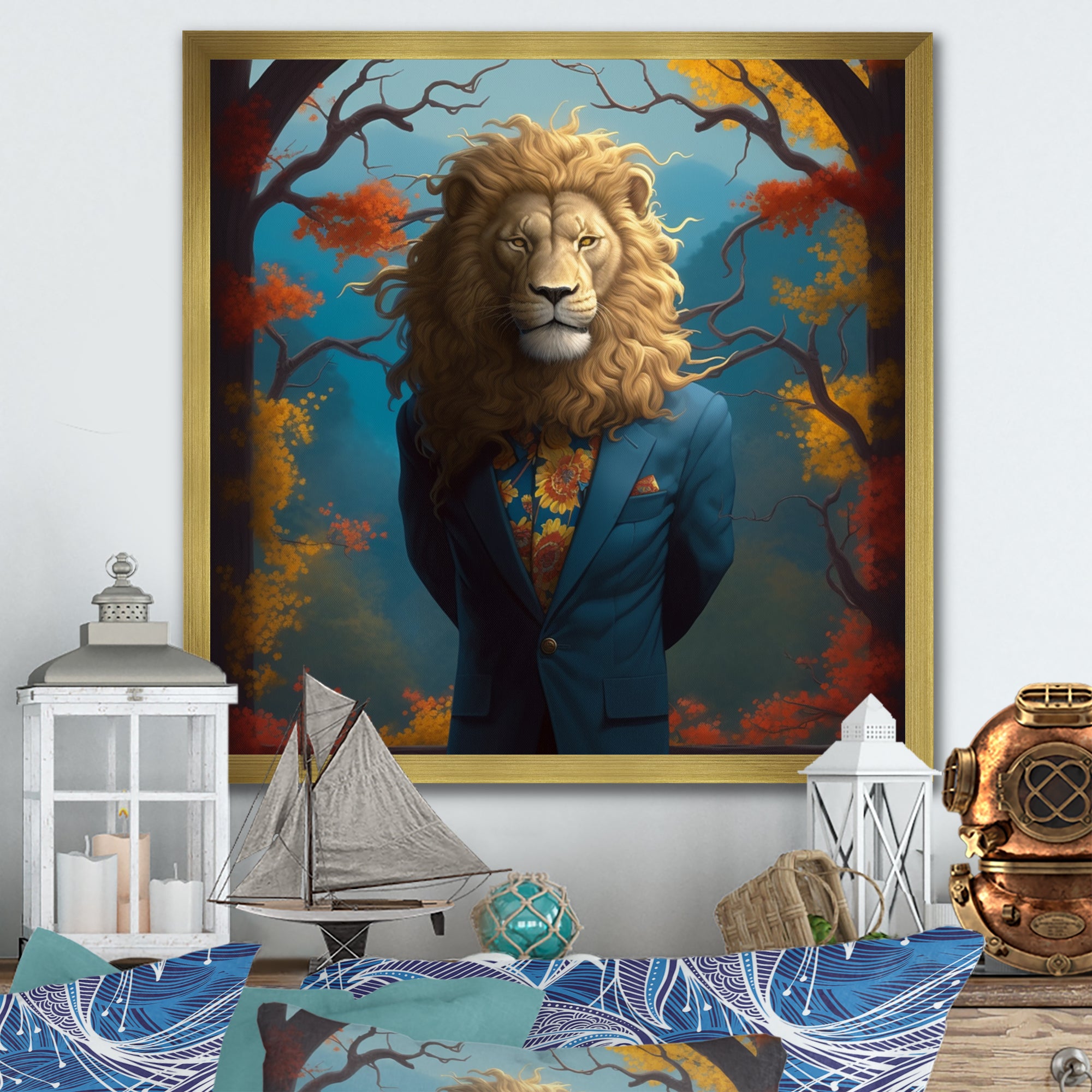 Yellow Blue Lion In Suit - Yellow Lion Wall Art