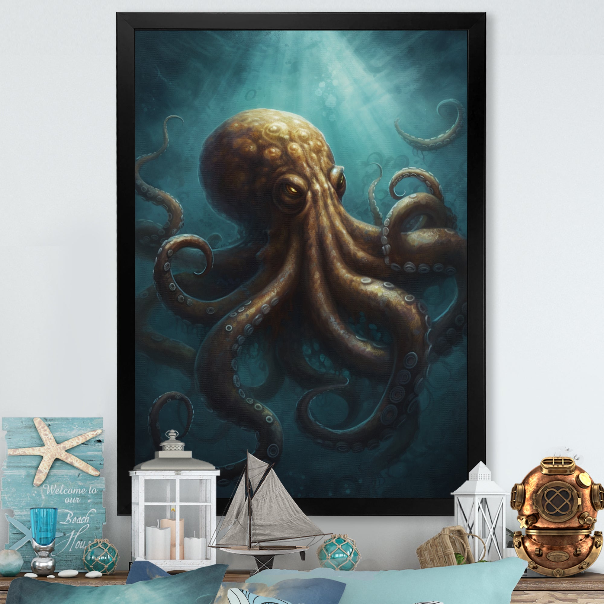 Brown Blue Octopus Under The Sea - Brown Octopus Wall Art