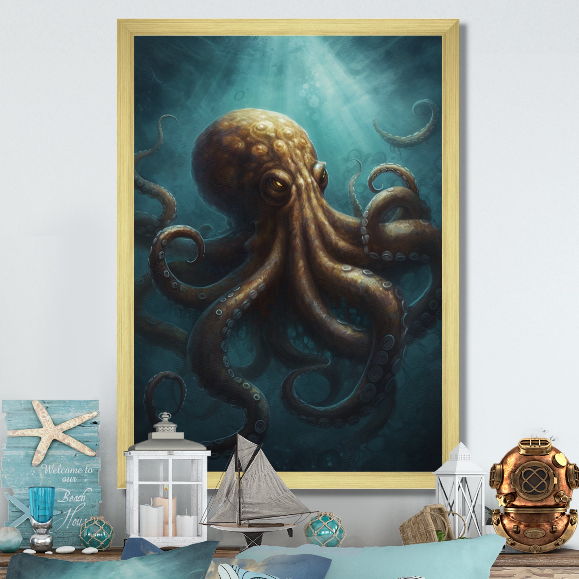 Brown Blue Octopus Under The Sea - Brown Octopus Wall Art