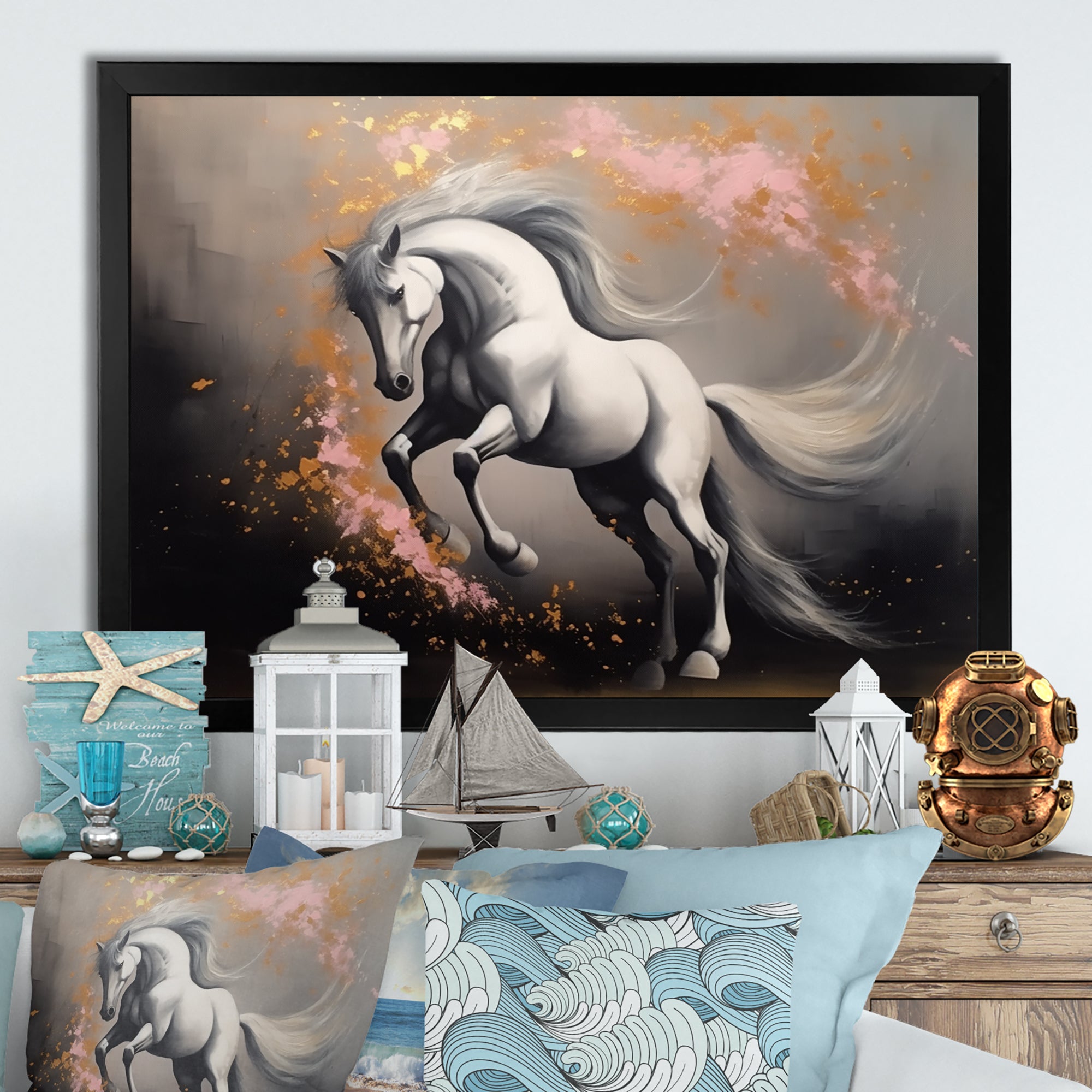 White Pink horse On The Run - Horse Framed Canvas Art
