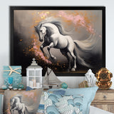 White Pink horse On The Run - Horse Framed Canvas Art