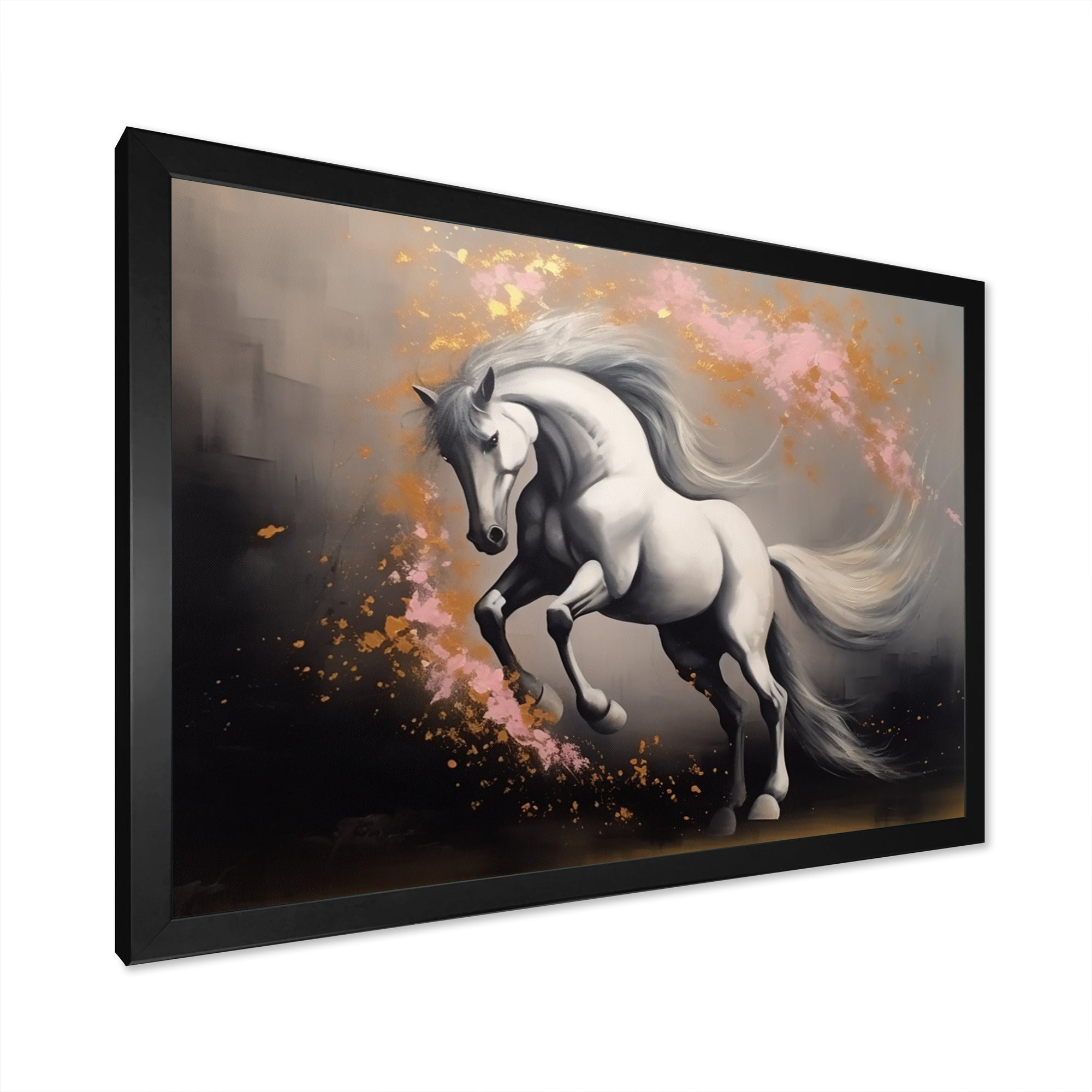 White Pink horse On The Run - Horse Framed Canvas Art